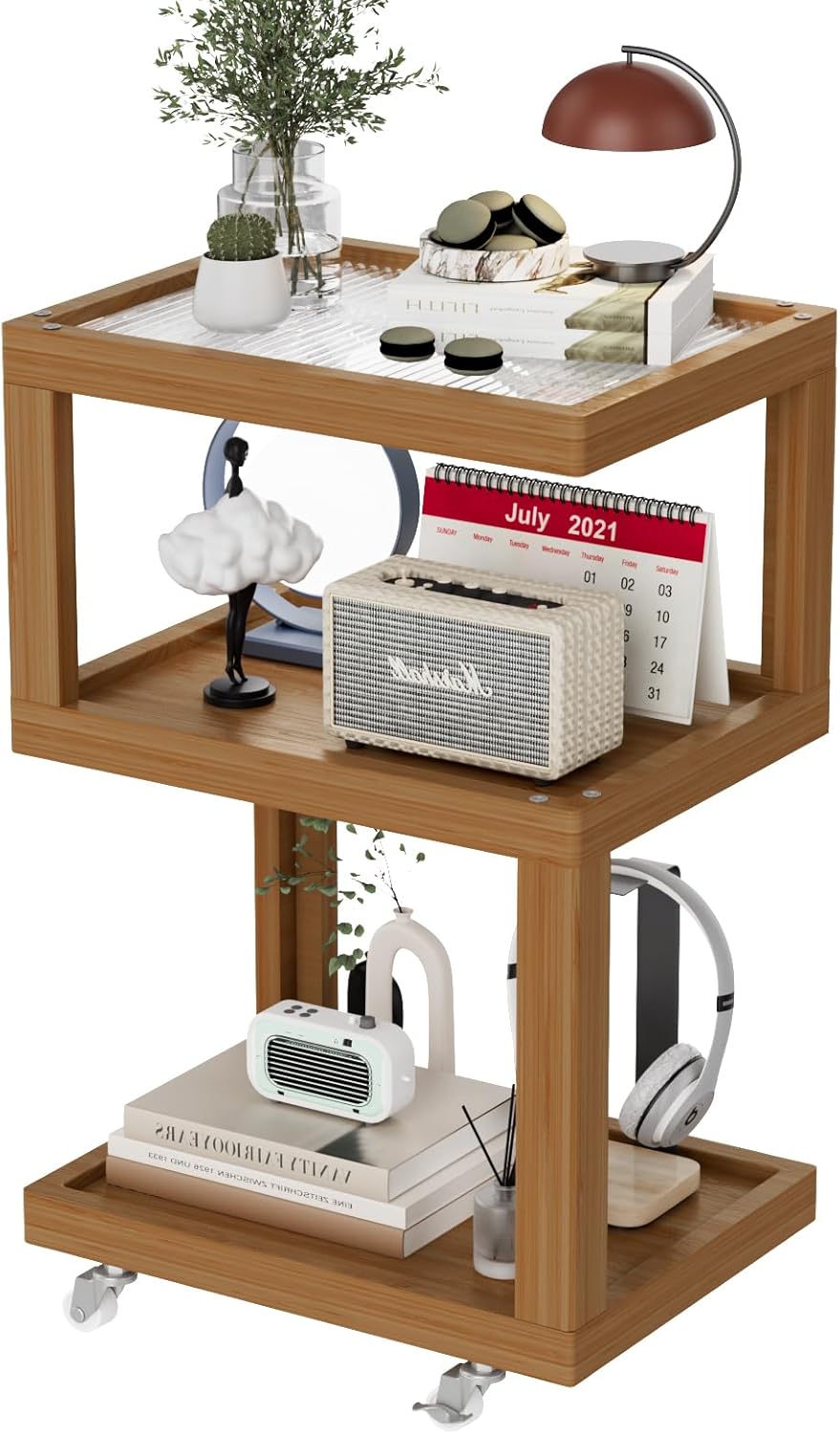 3-Tier Side Table - Walnut Geometric Design with Glass Top & Wheels, Sofa & Bedside Table for Small Spaces, Living Room & Bedroom Modern Minimalist