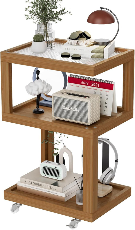 3-Tier Side Table - Walnut Geometric Design with Glass Top & Wheels, Sofa & Bedside Table for Small Spaces, Living Room & Bedroom Modern Minimalist