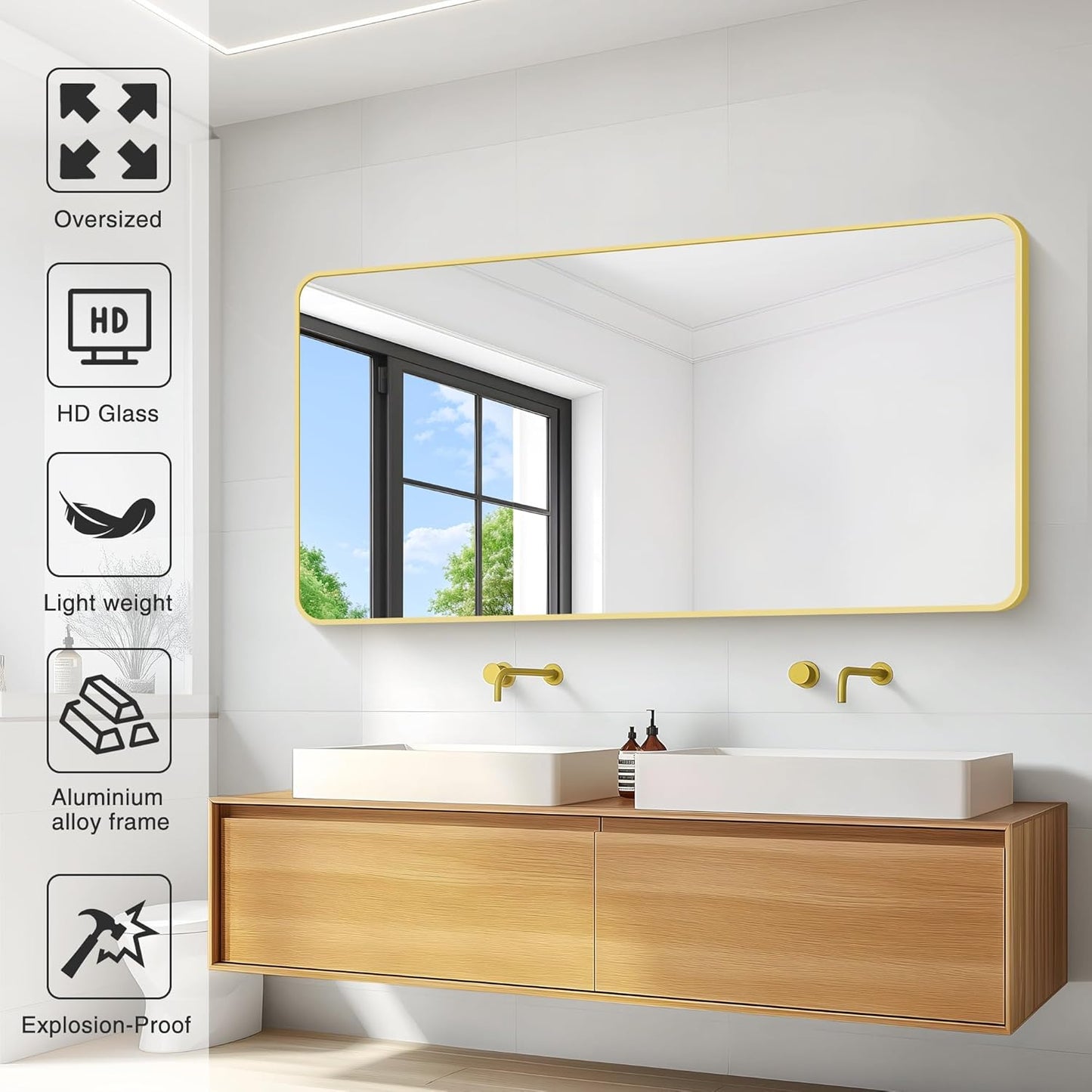 55x30 Inch Gold Bathroom Mirror, Metal Framed Gold Rectangle Mirrors, Rounded Rectangular Vanity Mirror, Large Wall Mounted Mirrors for Living Room Bedroom Entryway Hangs Horizontal or Vertical