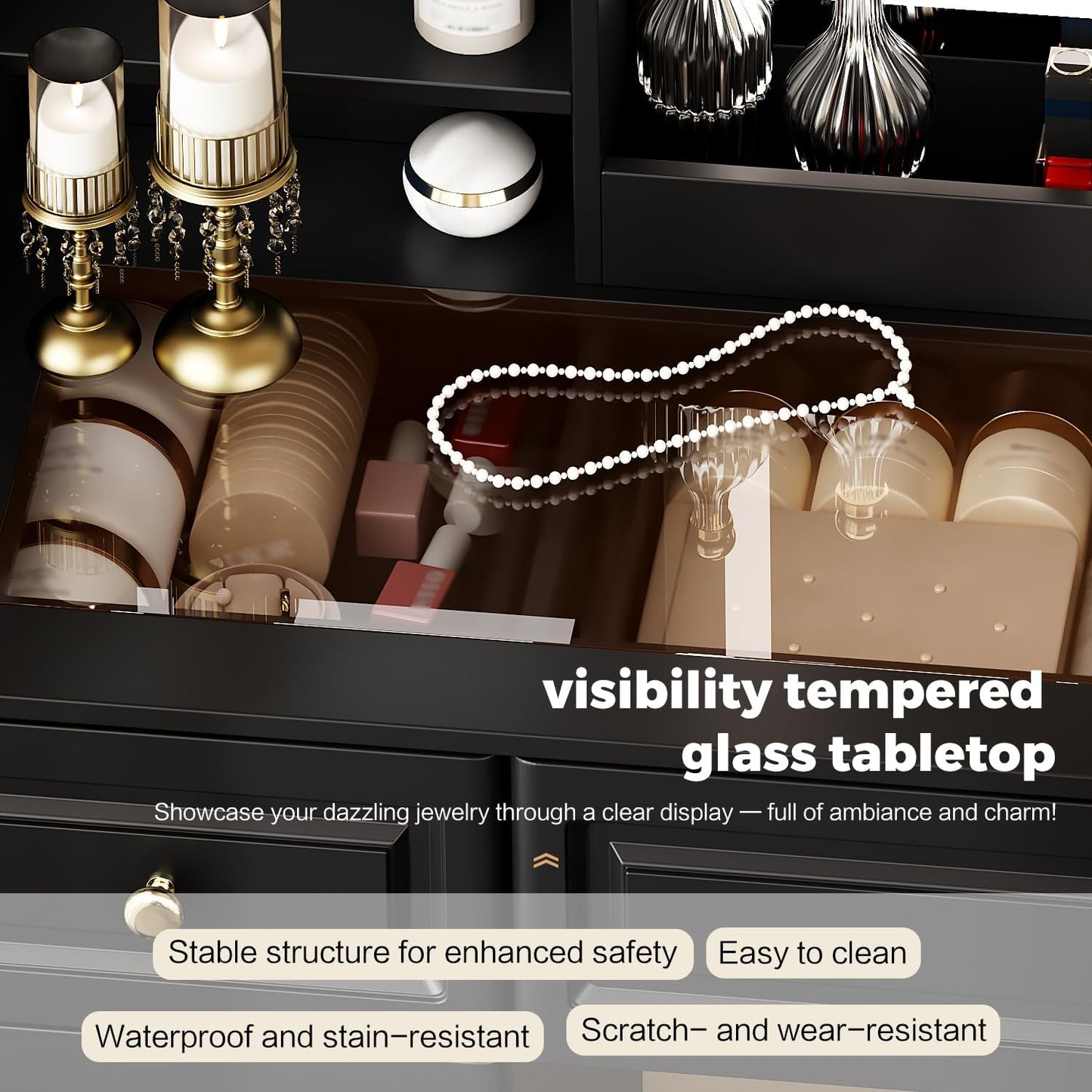 43" Makeup Vanity Desk with Mirror and Lights, & Power Outl, Glass Top Big Vanity Table with 9 Drawers& 8 Storage Shelves, Dressing Table Set with Chair for Bedroom, Black