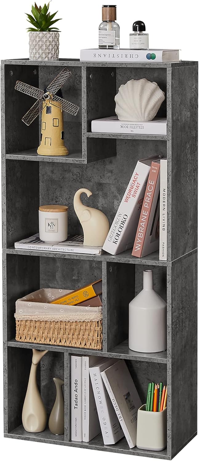 VECELO 42 Inch High Bookcase, 4-Tier Modern Storage Cabinet with Height Difference Shelves for Standard Textbooks, Floor Standing Display, 7 Cubes, Horizontal Avaiable, Easy Assembly, Grey