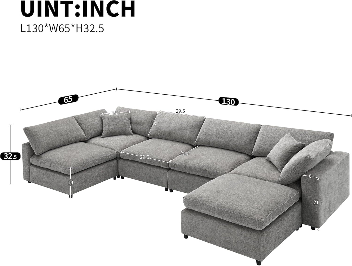 130" Chenille Modular Sofa,Modern 6 Seat Free Combination Cloud Couch Bed Set,Convertible U Shaped Sleeper Couched,with Ottoman,for Living Room, Apartment,Sleeping Room,Gray