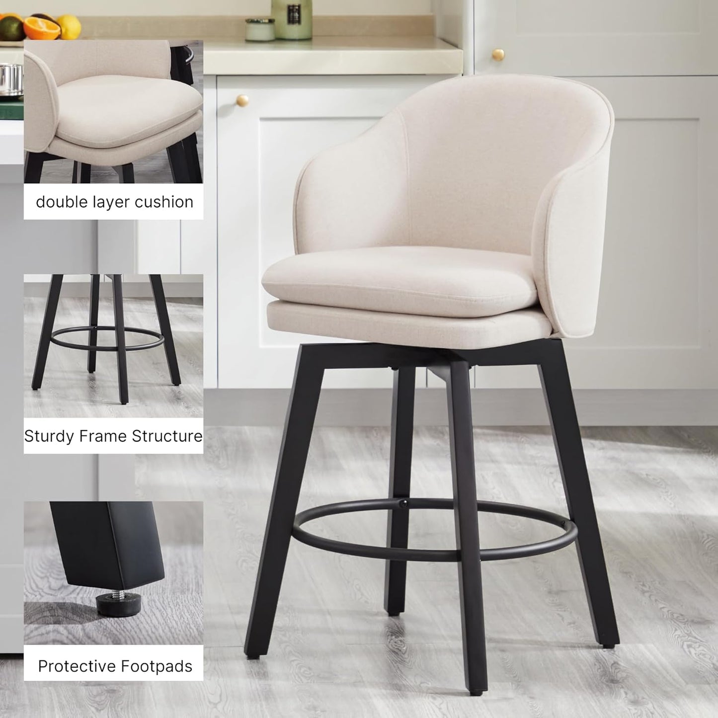 Counter Height Barstools 26 inch Upholstered Swivel Bar Stools with Back and Wood Legs for Kitchen Island,Set of 4,Beige Fabric