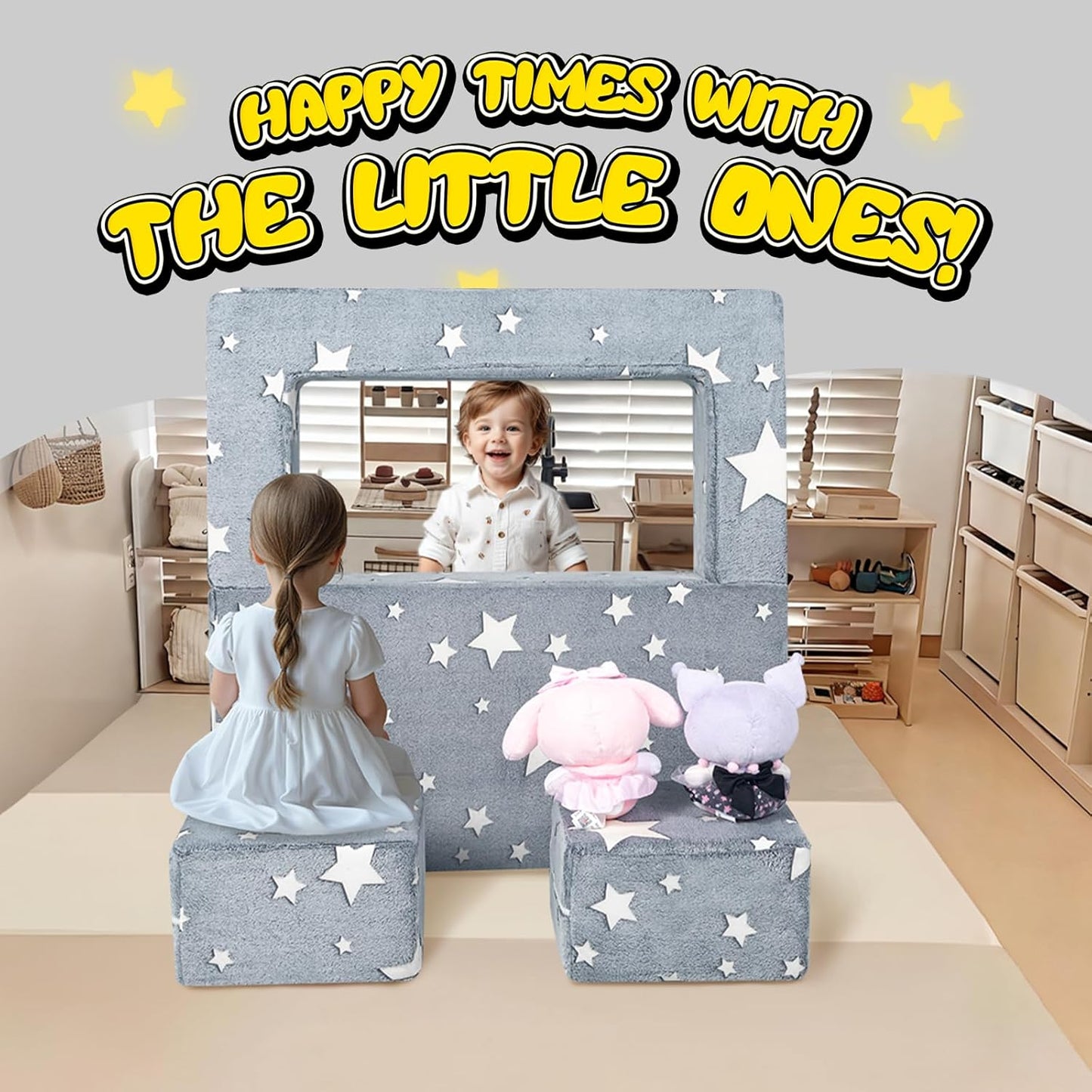 MeMoreCool Modular Kids Play Couch Sofa – Glow in The Dark Star Design, Fold-Out Toddler Couch for Playroom Furniture, Grey