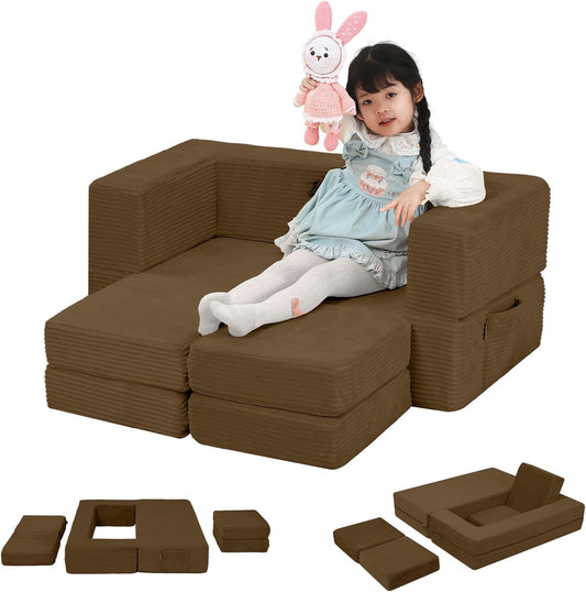 MeMoreCool Modular Kids Couch, Corduroy Play Toddler Couch for Bedroom Playroom Furniture, Convertible Foam Kids Sofa Bed, Fold Out Baby Sofa for Girl Boy, Brown