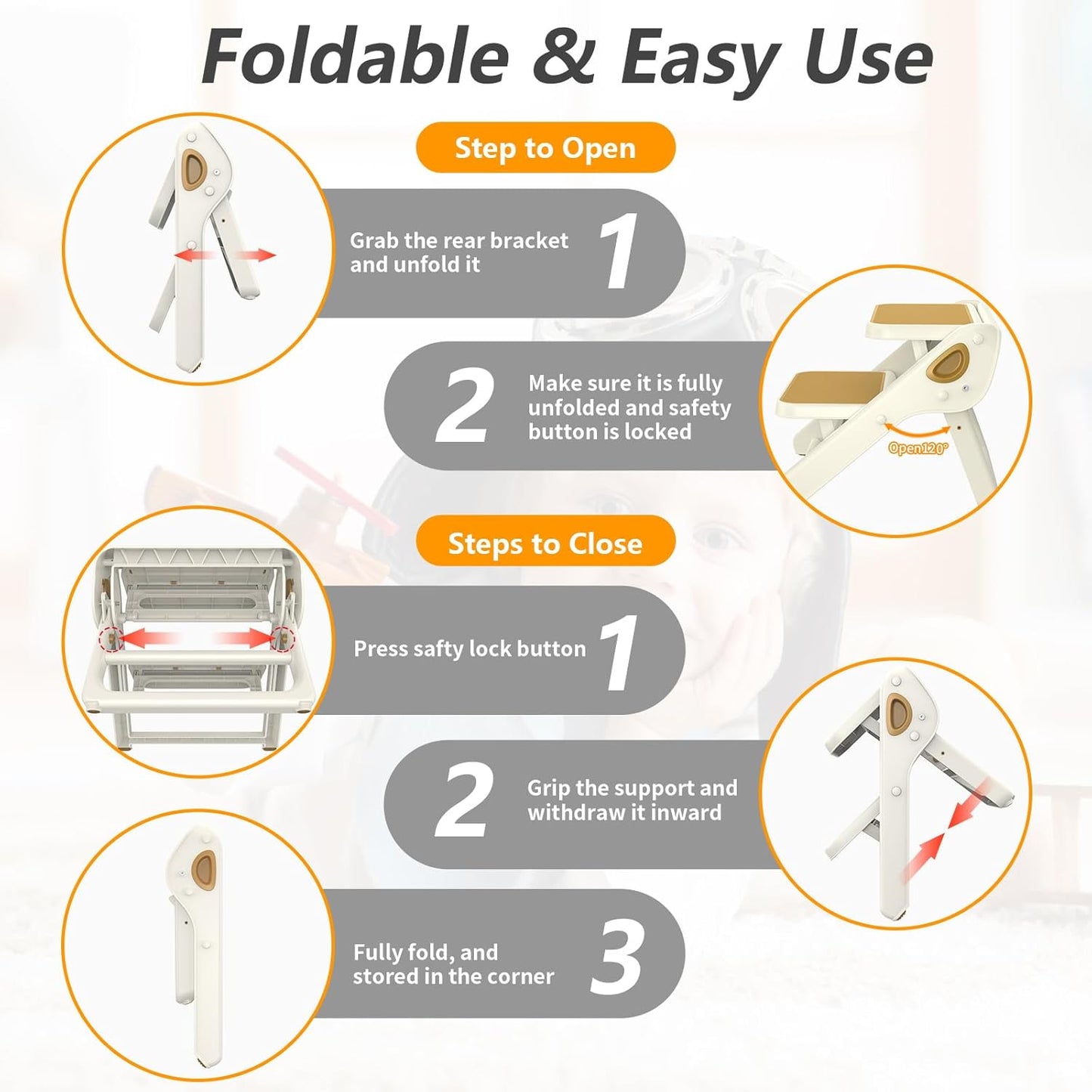 Toddler Step Stool, iNeibo 2-Step Foldable Step Stool for Kids, Widened & Thickened with Anti-Slip Design, Safer for Children Use for Kitchen, Bathroom, Toilet Training - Khaki