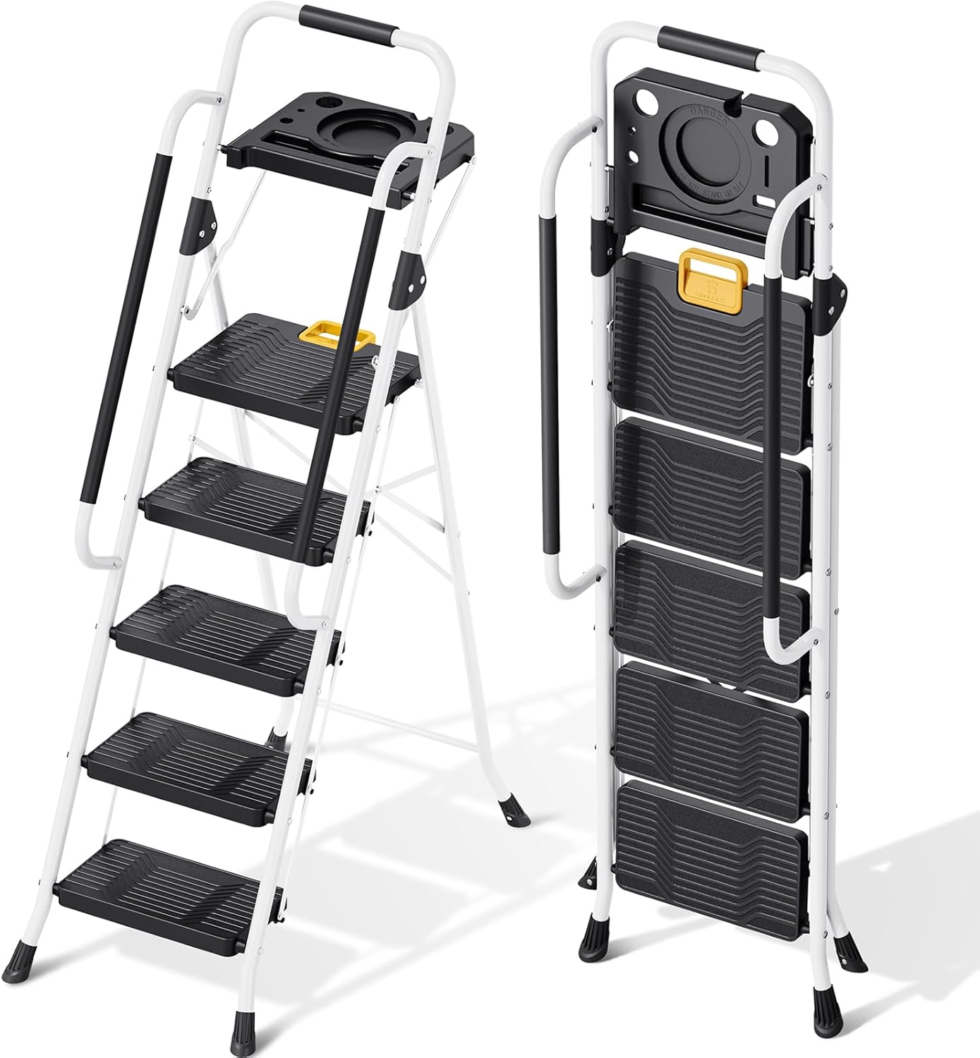 KINGRACK Folding 5-Step Ladder, 800 lbs Capacity Step Stool with Safety Lock, Tool Tray, Non-Skid Wide Steps, Handrail, Household Folding Ladder for Home, Garden, Painting, Outdoor, and Garage, White