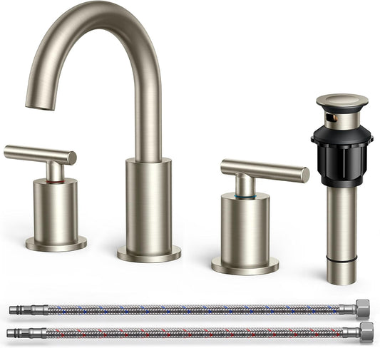 FORIOUS 8 In Widespread Brushed Nickel Bathroom Faucet 3 Hole with Metal Pop Up Drain and 24 Inch Supply Hose, 2 Handle 3 Hole Vanity Faucet for Bathroom Sink Brush Nickel with 360 Degree Swivel Spout