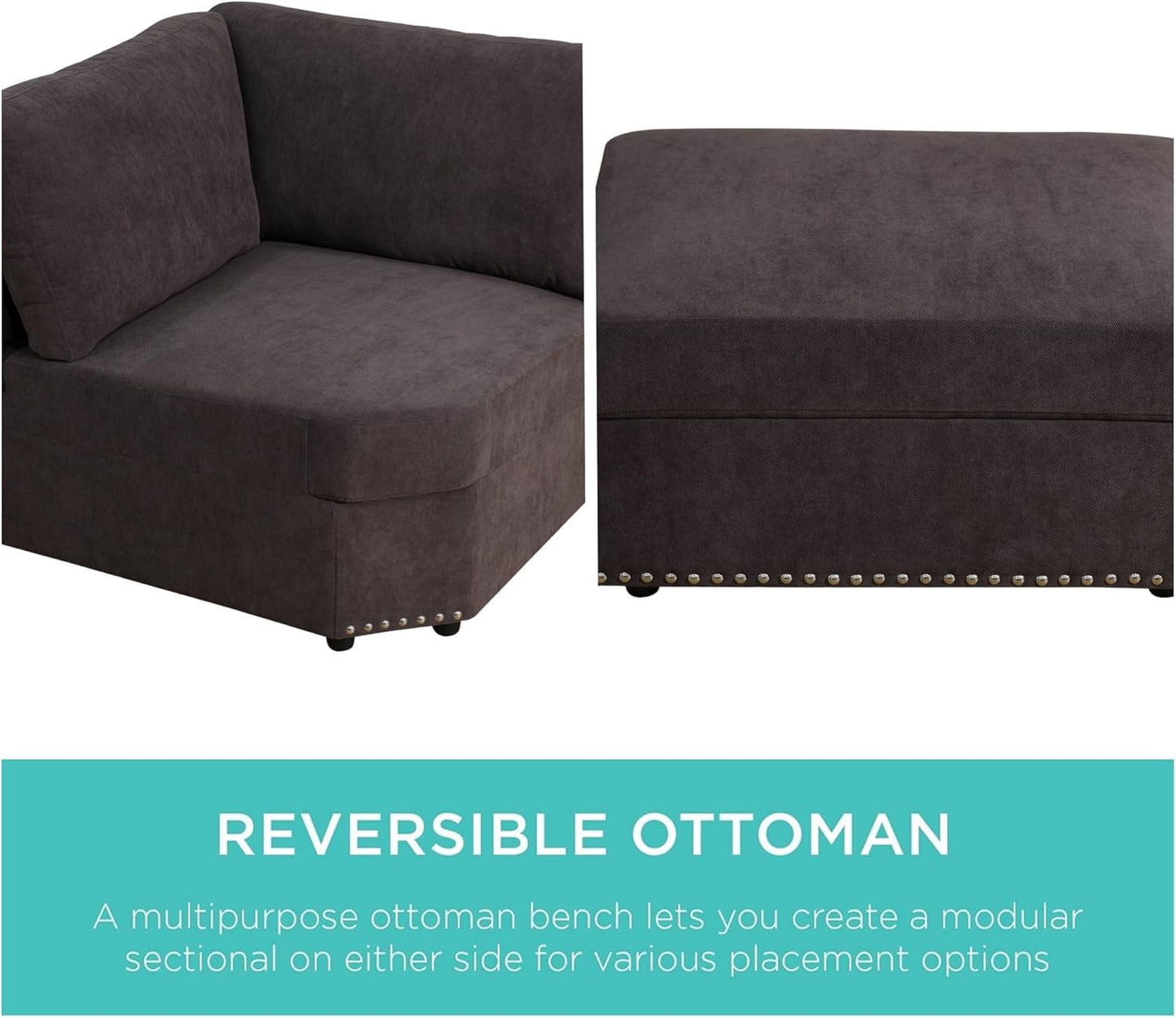 Sectional Couches for Living Room, Modular Sectional Sofa with Ottoman, Modern Nail-Head Design Large Corner L Shaped Couch with Cup Holder for Bedroom, Brown