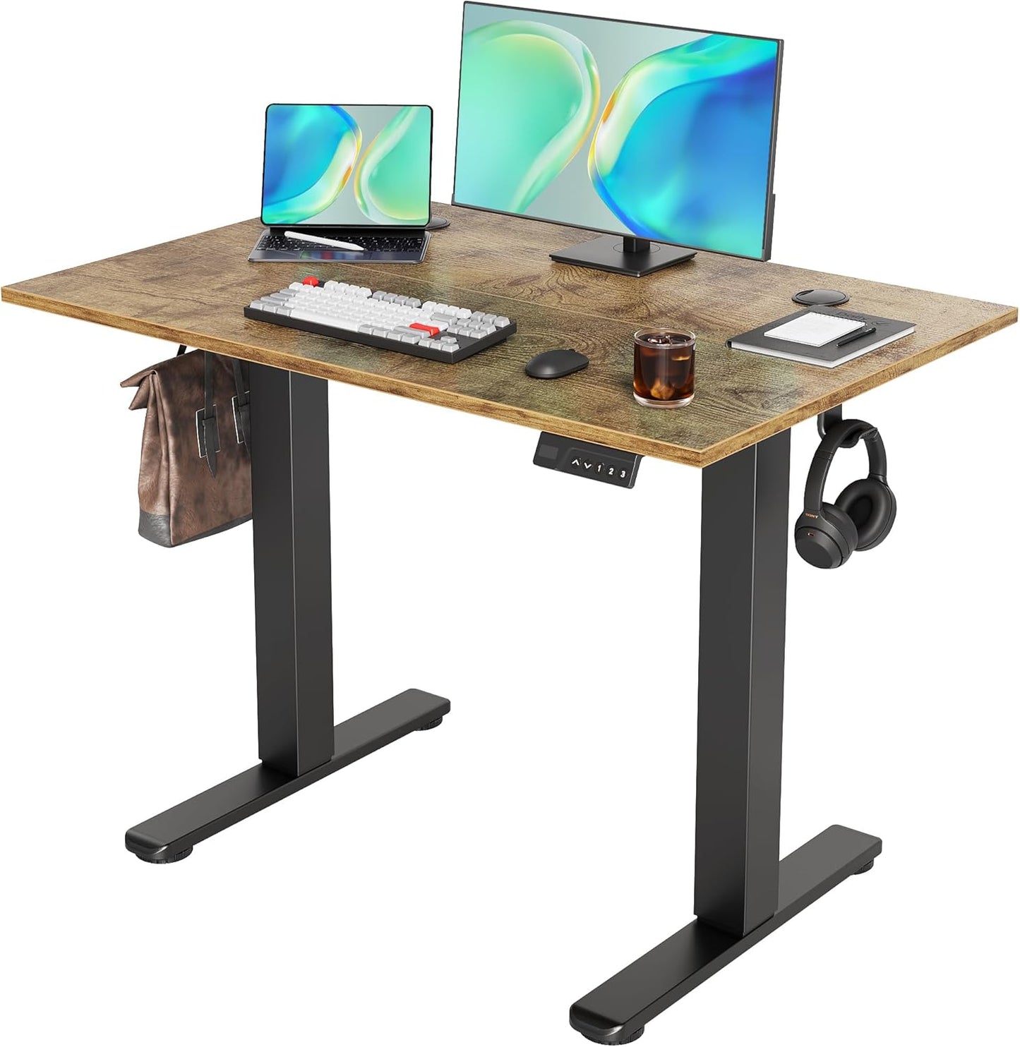 Seang Electric Standing Desk Adjustable Height, 40 x 24 Inch Sit Stand Desk with T-Shaped Frame, 3 Memory Presets & Cable Management for Home Office Computer Workstation, Black Frame/Rustic Brown Top