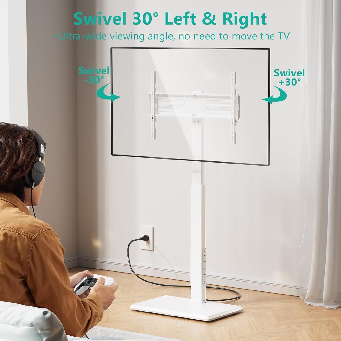 WALI Floor TV Stand with Power Outlet, Tall TV Stand Mount for 32-75 inch TVs up to 110 lbs, Swivel and Height Adjustable TV Stands with Wood Base for Bedroom, Office(TVDVD-7PW), White