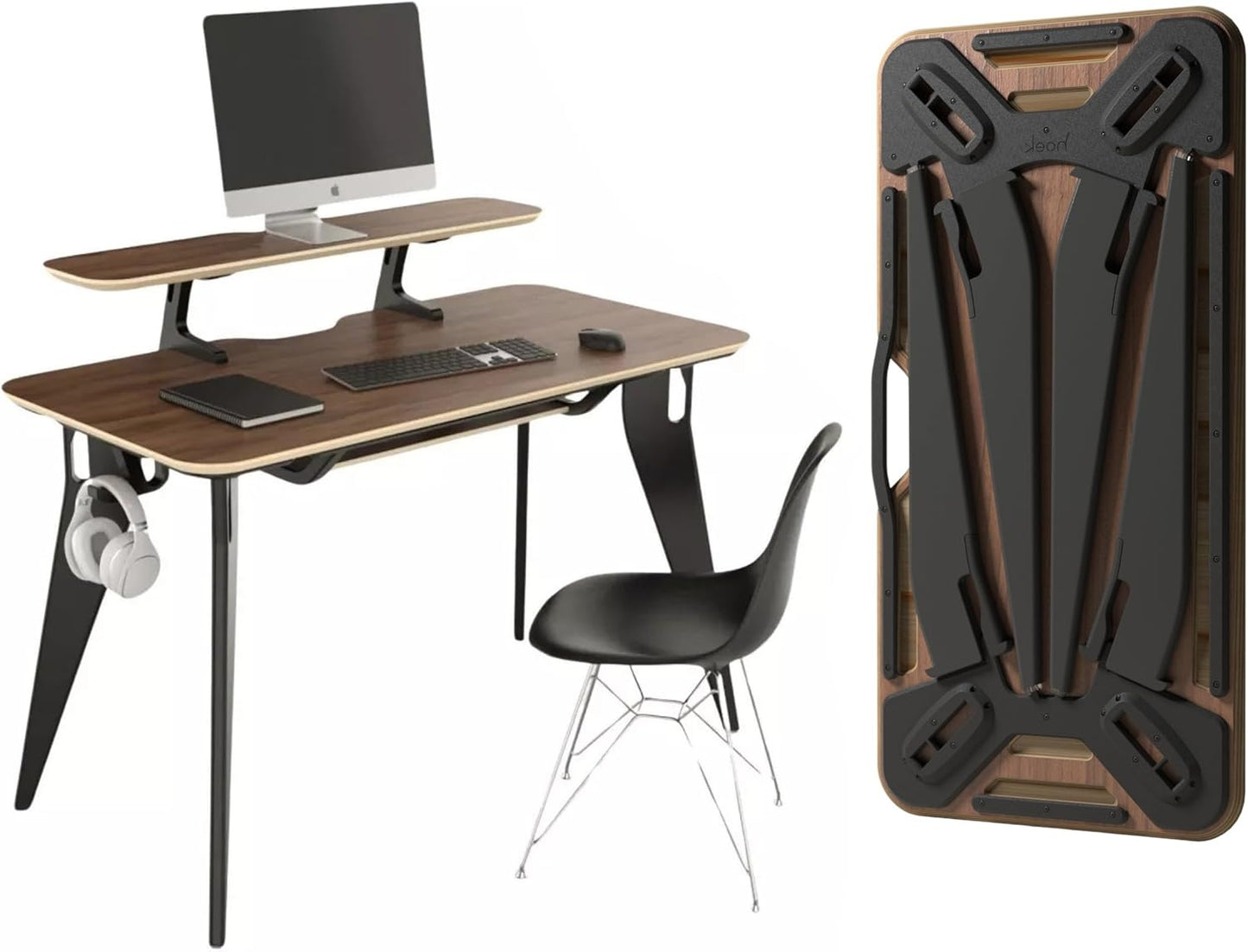 HOEK Student Desk Bundle, 47.5" x 23", Collapsible Study Desk with Monitor Shelf, Under Shelf and Hook, Space-Saving Dorm or Small Study Desk for Back to School and Home Learning (Walnut/Black)