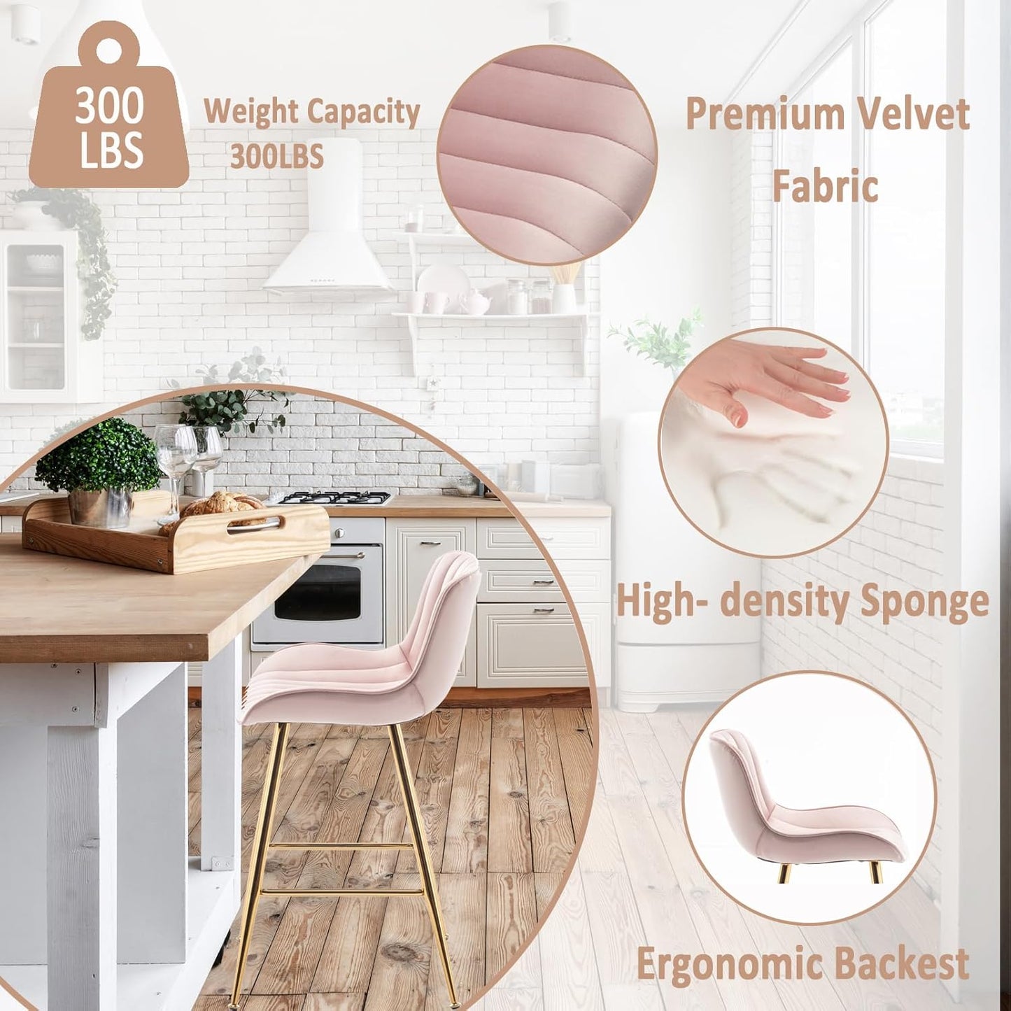 Sidanli Pink Bar Stools Set of 2, Velvet Counter Stools with Footrests, 24” Armless Counter Height Chairs for Bar, Kitchen, Living Room