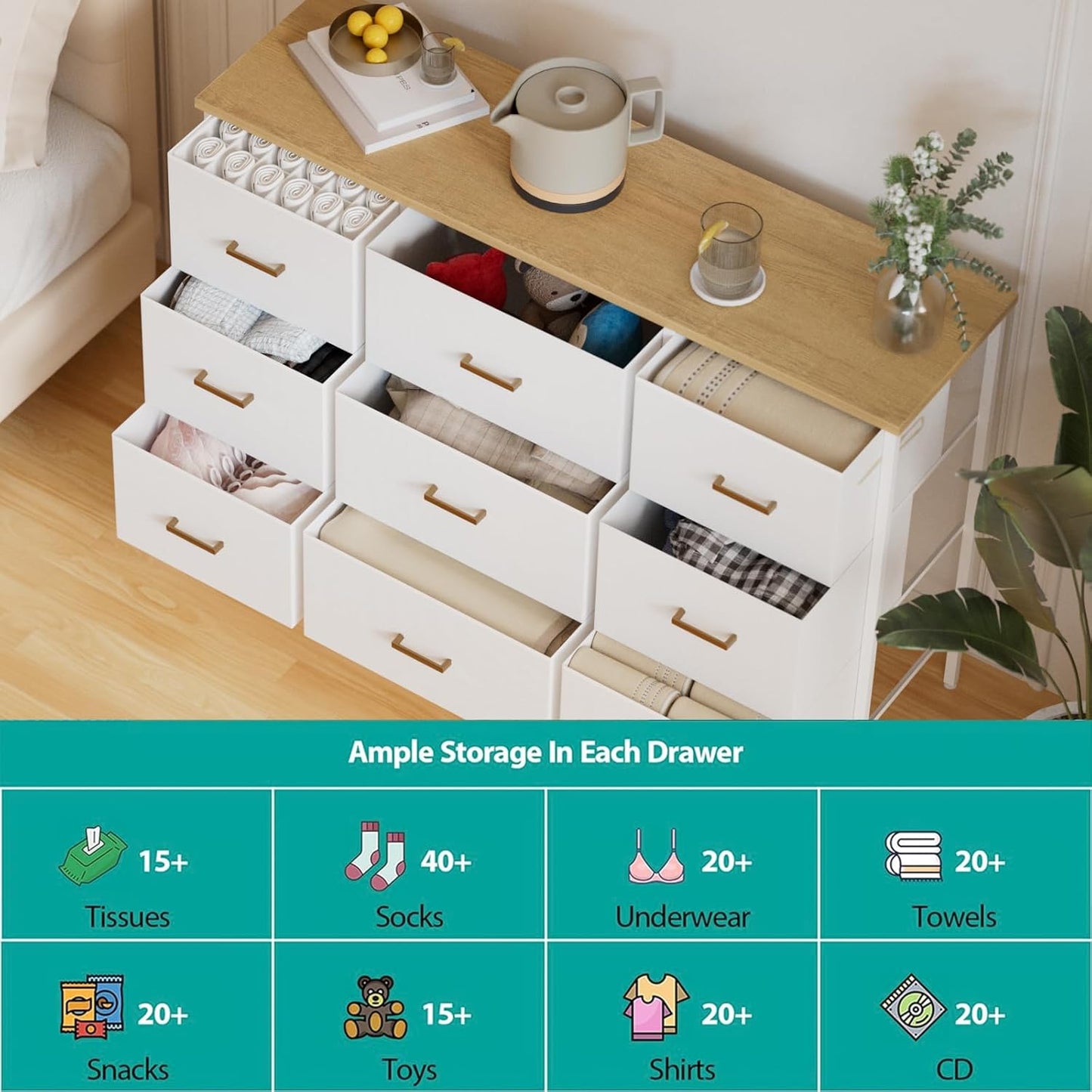 Wide TV Stand Modern TV Console, 9 Drawers Dresser for Bedroom, Fabric Storage Cabinet, Chest of Drawers for Closet, Nursery, Living Room（White）