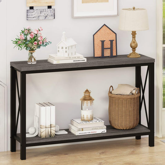 BON AUGURE Console Tables for Living Room, Industrial Couch Table Behind Sofa, Wood Metal Entryway Tables for Hallway, Entry Way Table for Foyer, Entrance, Front Door (Dark Grey Oak, 47 Inch)