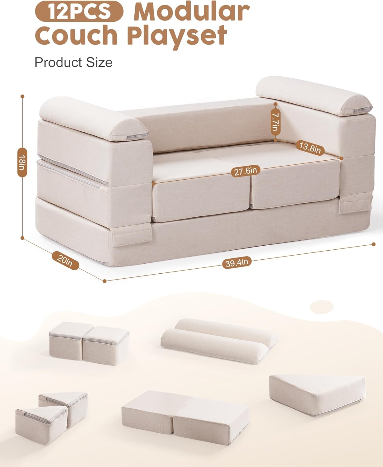 ROBUD Kids Couch, Beige Modular Kids Play Couch, DIY-Style & Washable Toddler Sofa for Playroom, Bedroom, Nursery, WG411