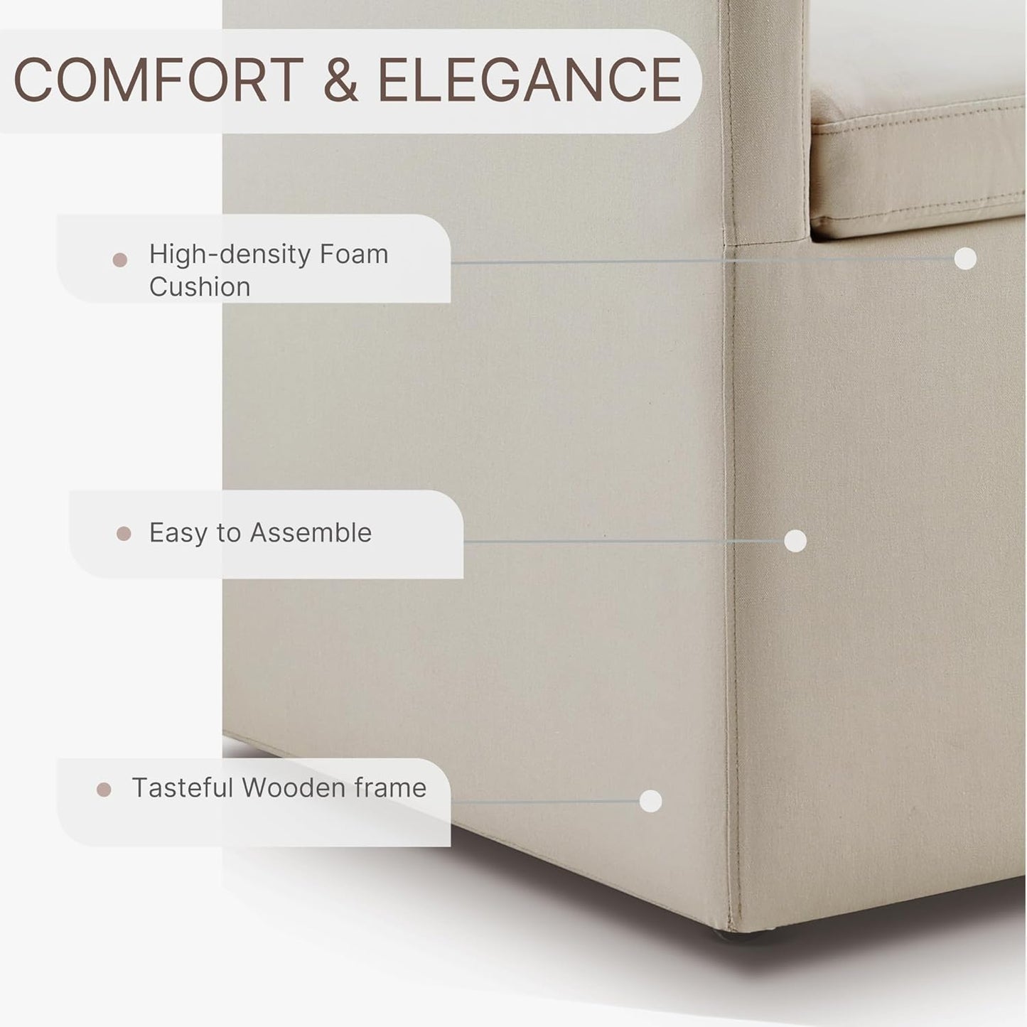 Upholstered Dining Chairs with Casters Washable Cover Side Deskchair with Rollers for Diningroom, Living Room, Flax Beige, 1 Box