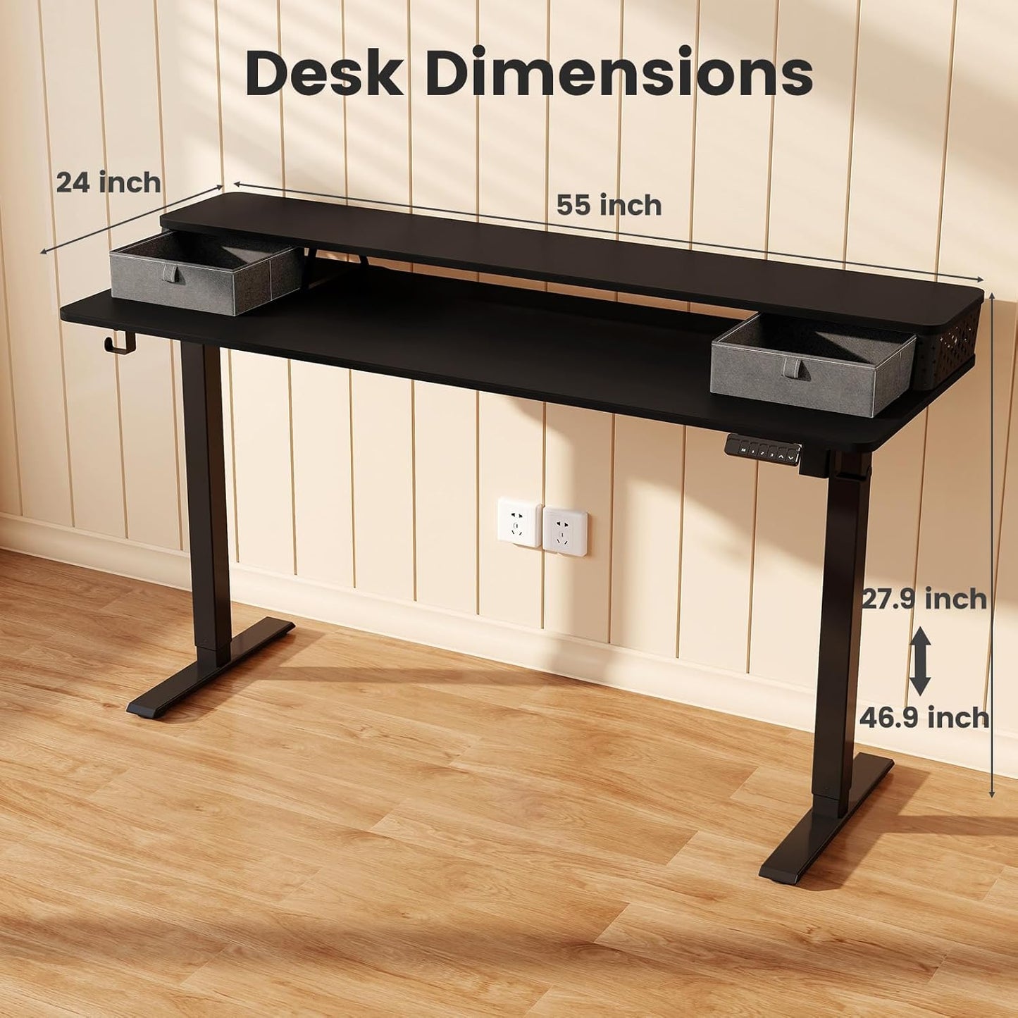 Standing Desk with Drawers and Brushless Motor,Electric Height Adjustable Desk for Walking Pad,Ergonomic Stand Up Desk for Home Office & Gaming,3 Memory Height Preset & Hooks(55" x 24",Black)