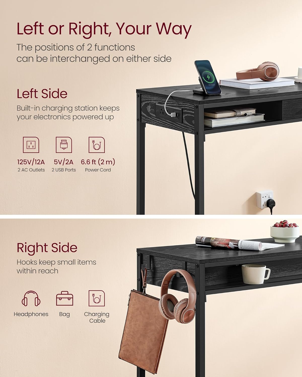 VASAGLE Bar Table with Power Outlets, 47.2 Inches Long Bar Height Pub Table, Rectangular High Top, with Movable Drawer, 2 Hooks, Narrow Storage for Kitchen, Dining, Entryway, Ebony Black