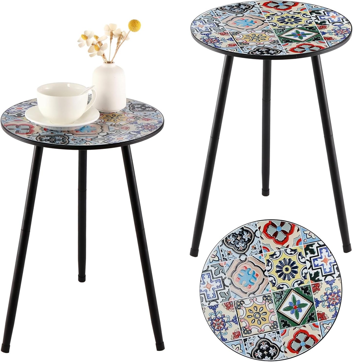 2 Packs Metal Mosaic Round Side Tables 13.4" Small Outdoor Patio Round Accent Coffee Tables Indoor Corner Stand for Small Spaces Weather-Resistant for Balcony, Porch Plant Stands Indoor, Mixed Mosaic
