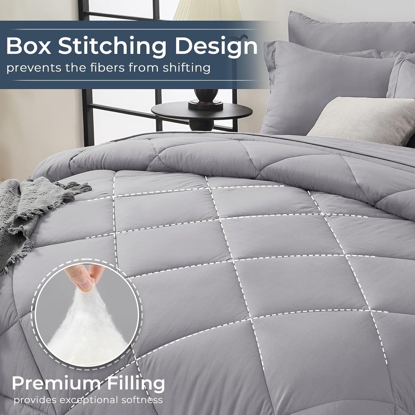 HEVUMYI Light Grey King Comforter Set - 7-Piece All Season Bed in a Bag King, Ultra Soft Bedding Set with Comforter, Flat Sheet, Fitted Sheet, Pillowcases, Pillow Shams, Light Gray