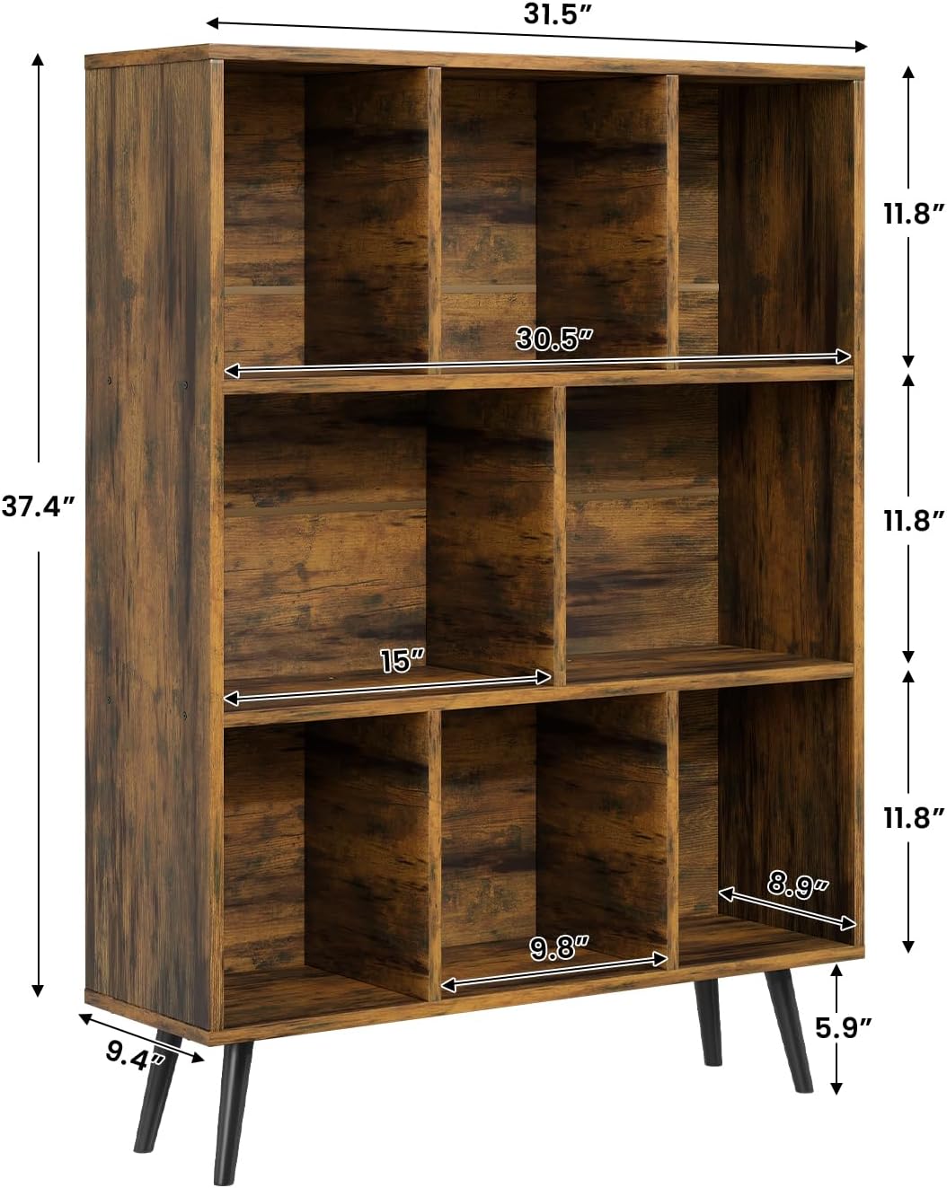 8 Cube Bookshelf 3 Tier Mid-Century Rustic Brown Modern Bookcase with Legs,Retro Wood Book Shelf Storage Organizer Shelf,Freestanding Organizer Display Shelf for Bedroom,Living Room,Office