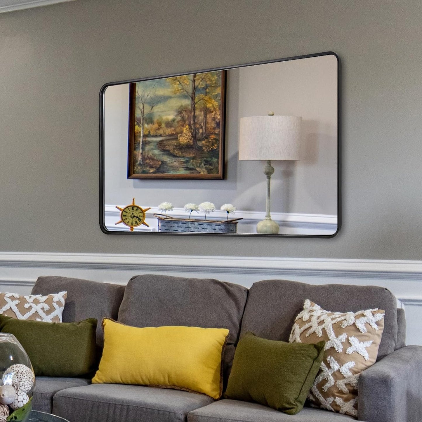 ANDY STAR 30’’x48’’ Black Bathroom Mirror, Rounded Rectangle Black Metal Framed Bathroom Vanity Mirror for Wall, Iron Tube, 1’’ Deep, Wall-Mounted Horizontal/Vertical