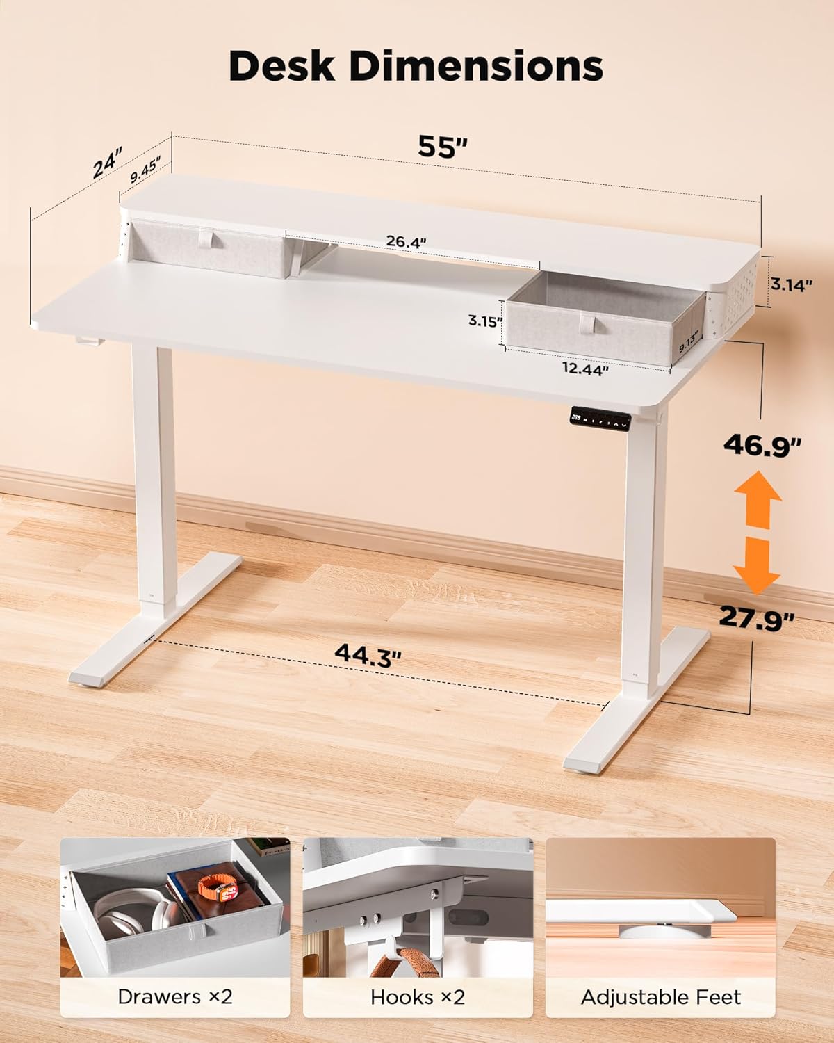 55x24 Inch Standing Desk with Double Drawers, C-Clamp Mount Compatible, Electric Adjustable Height Computer Stand Up Desks, Home Office Sit Stand Table with 3 Preset Heights & 2 Hooks, White