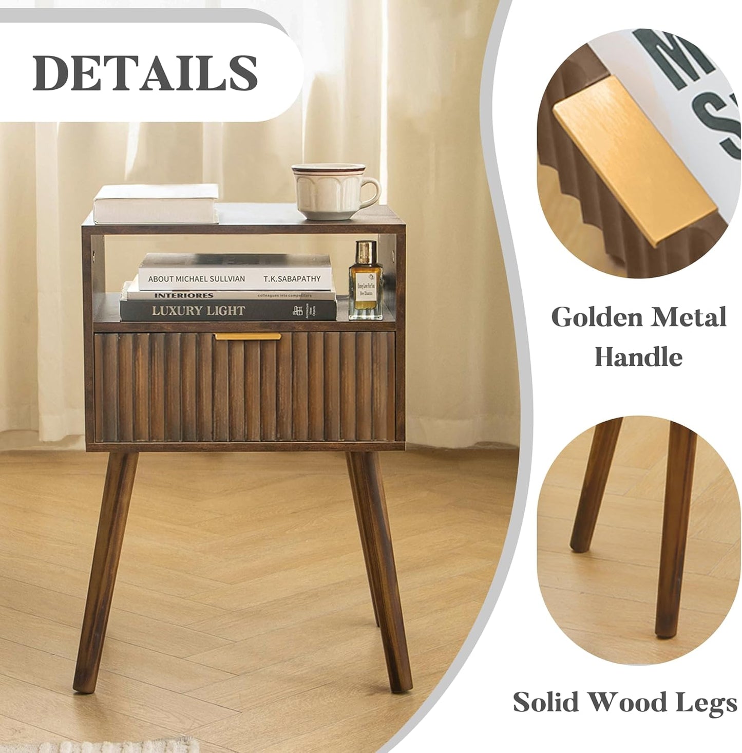 Walnut Nightstand, Wooden Bedside Table with Fluted Drawers and Open Shelf, Night Stand Wood for Bedroom, Dorm and Small Space (Rustic Brown)