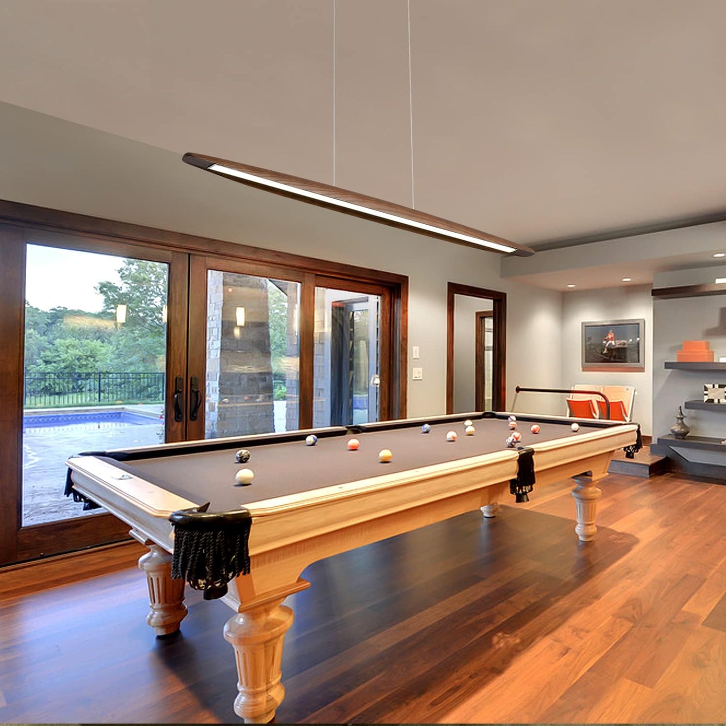 Wood Linear Pendant Hanging Light Fixture Minimalist Light Linear Chandelier Wood Kitchen Island Lighting 40w Dimmable for Dining Room Dining Table Living Room Pool Table Walnut Color