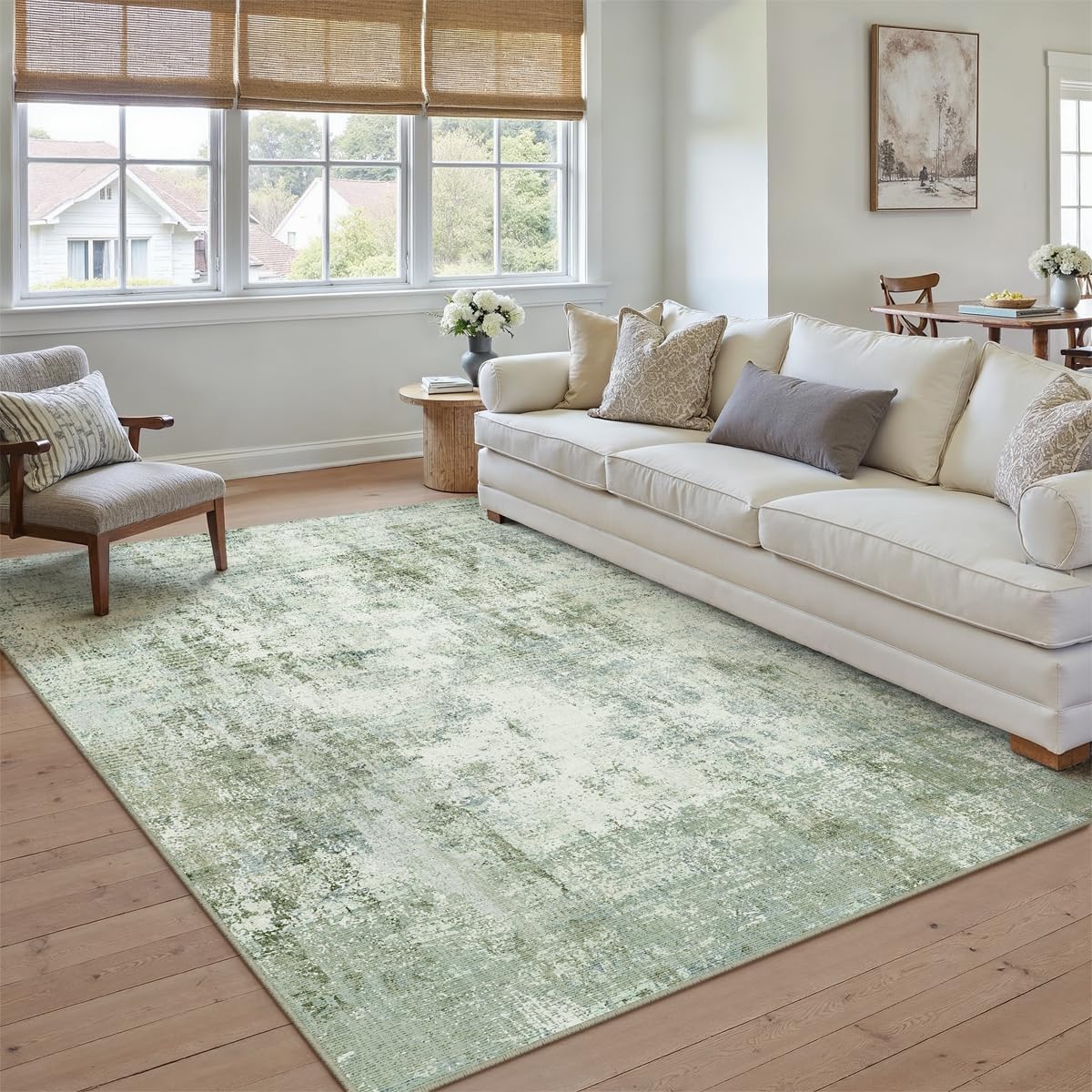 6x9 Washable Area Rug Green Modern Neutral Abstract Living Room Bedroom Indoor Floor Carpet Low Pile Soft Non-Slip Lightweight Vacuumable Throw Rug for Nursery Dining Room Office
