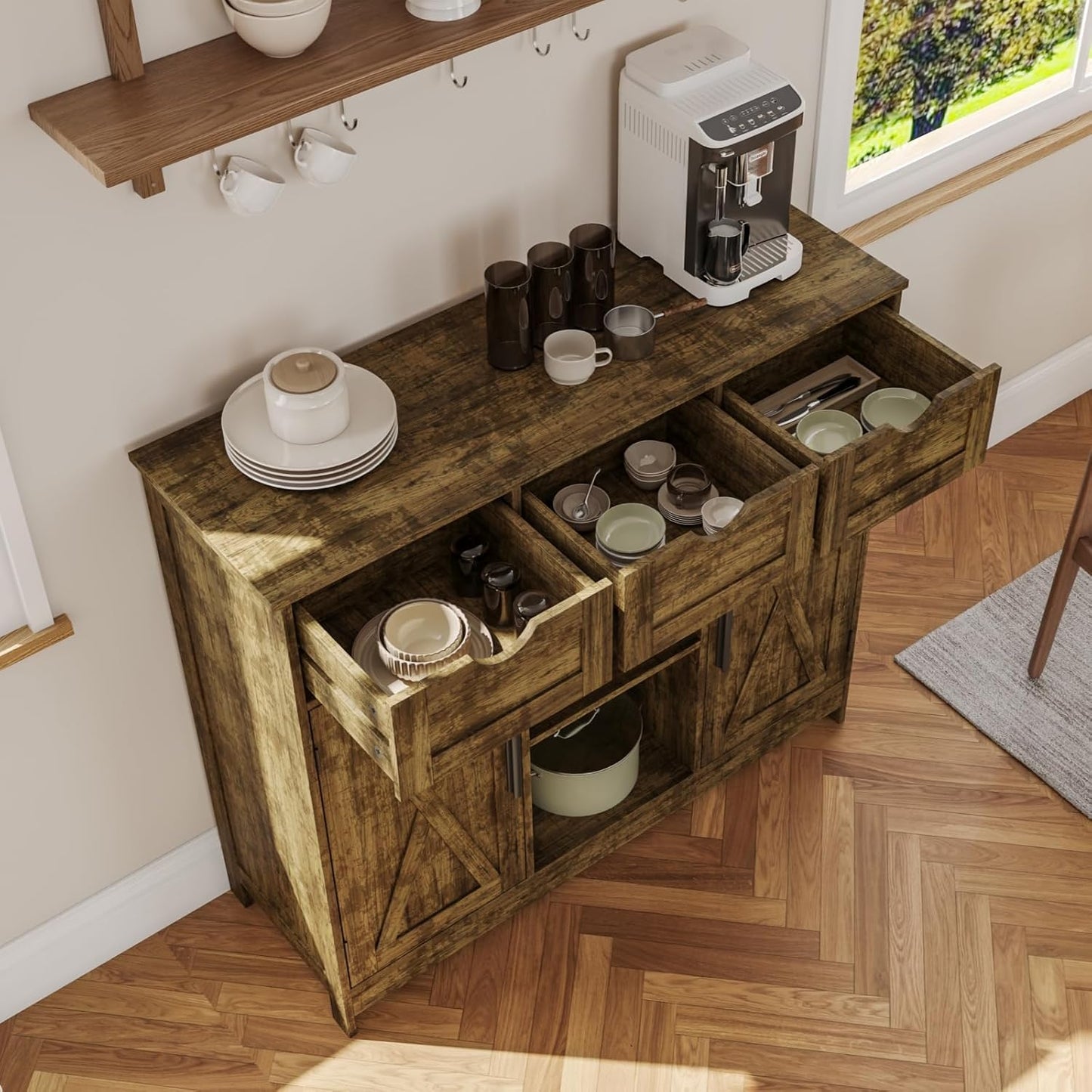 Storage Cabinet, Coffee Bar Cabinet with 2 Adjustable Shelves, 3 Drawers, and 2 Doors, for Bathroom, Kitchen, Living Room (Retro)