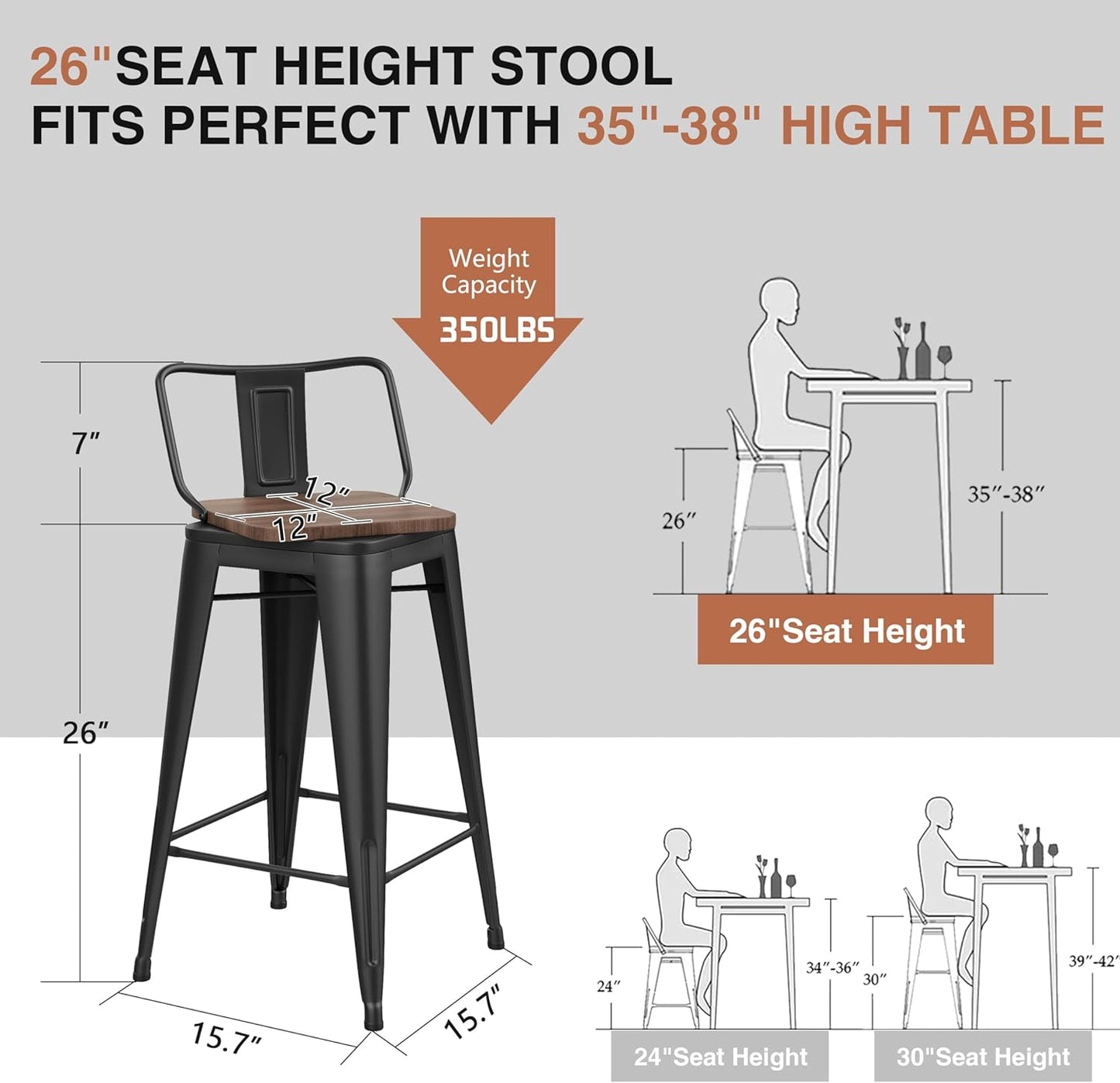 24 Inch Swivel Bar Stools Set of 2 with Backs Counter Height Industrial Metal Barstools Island Bar Chairs for Home Kitchen Dining Room (Swivel 24 inch,Matte Black Wooden)