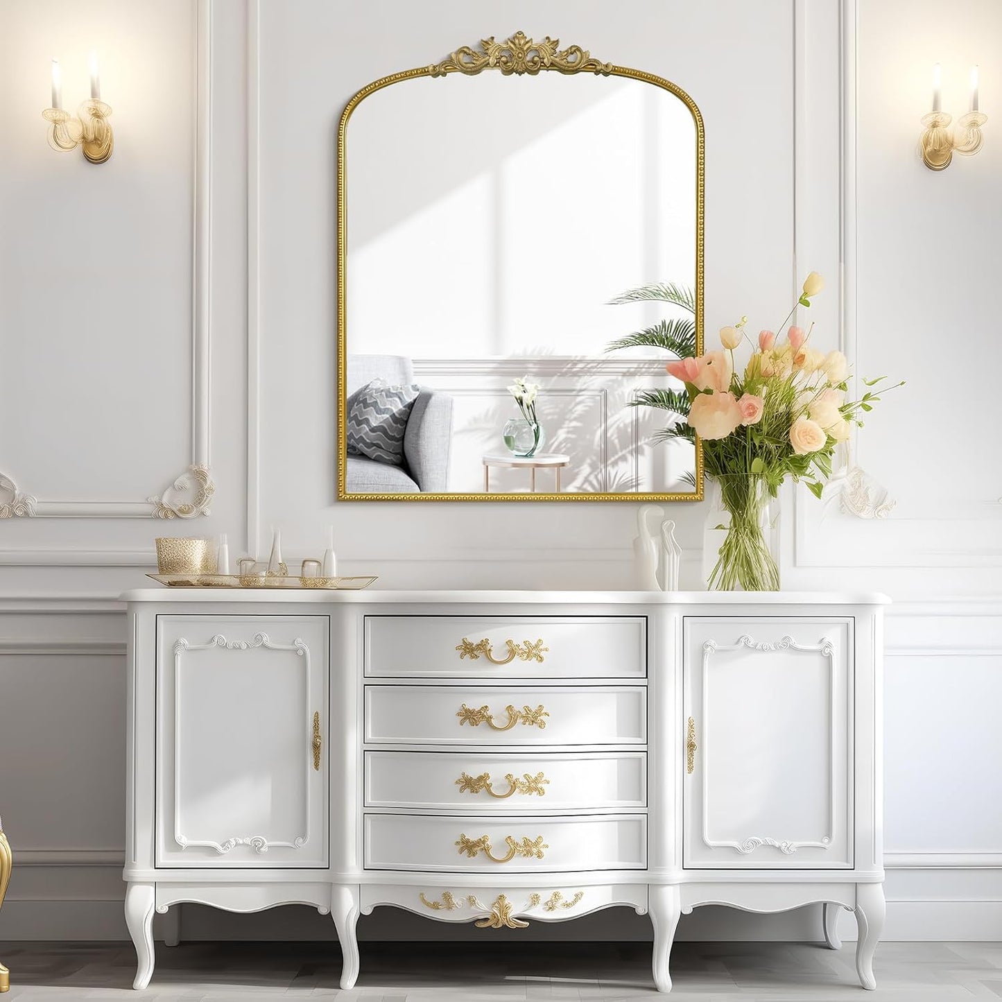 WallBeyond Gold Vintage Mirror for Vanity 28x36 Inch, Gold Antique Mirror with Ornate Frame, Arched Vintage Wall Mirror for Bathroom, Living Room, Fireplace, Entryway