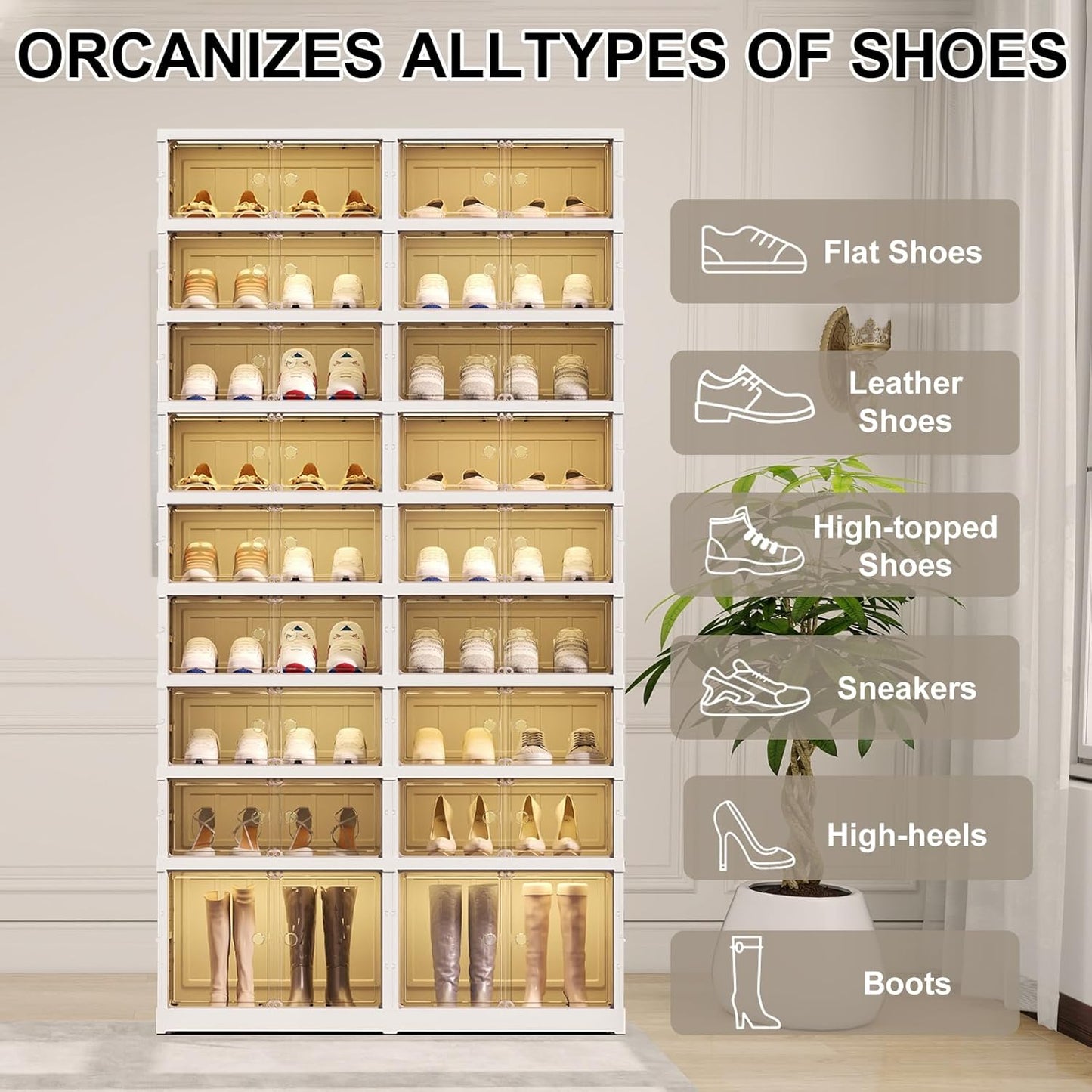 ELPHECO 9 Tier 36 Pairs Large Shoe Rack Organizer - Foldable Sneaker Cabinet Bins, Stackable Shoe Storage Shelf, Collapsible Shoe Cabinet with Double Doors for Entryway