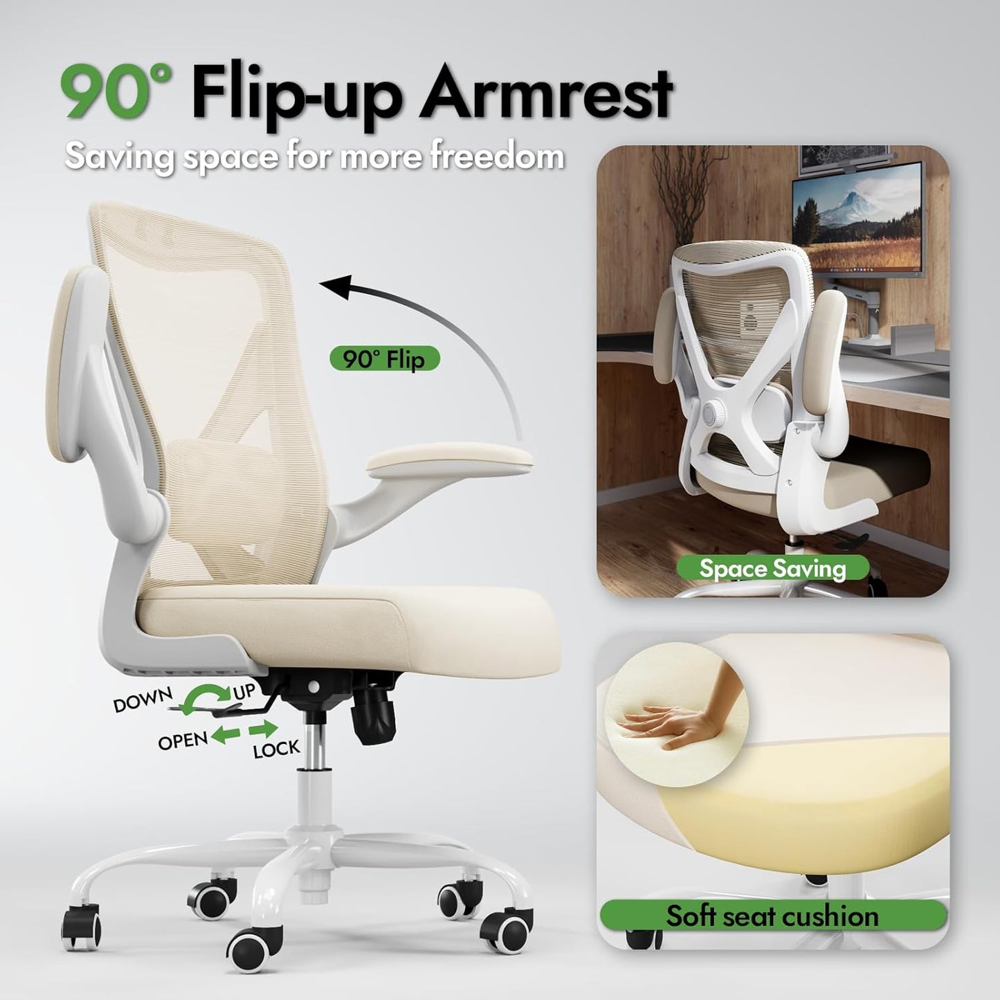 Ergonomic Office Chair - X-Shaped Computer Desk Chair Comfy, Gaming Chair, Office Chair with Lumbar Support, Mesh Office Chairs, Desk Chair for Long Hours(White Beige)