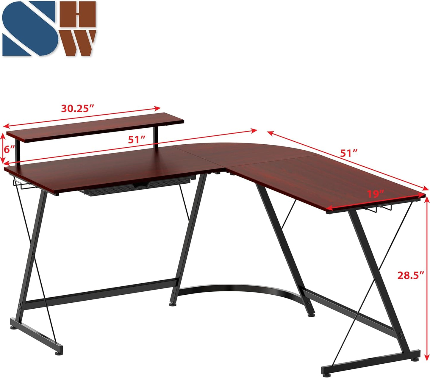 SHW 51 x 51 Inches Vista L-Shaped Desk with Monitor Stand and Drawer, Cherry