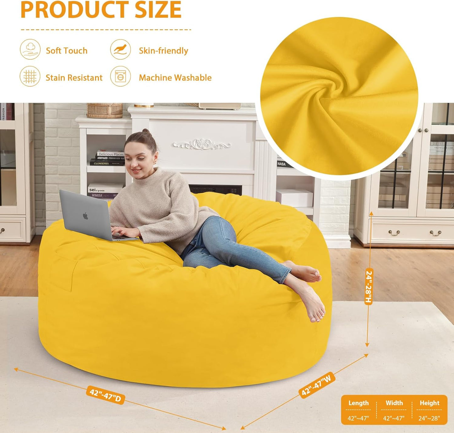 4FT Bean Bag Chair, Large Bean Bag Chairs with Memory Foam Filled, Fluffy Beanbag Sofa with Dutch Velvet Cover, Round BeanBag Chairs for Living Room, Playroom - Lemon