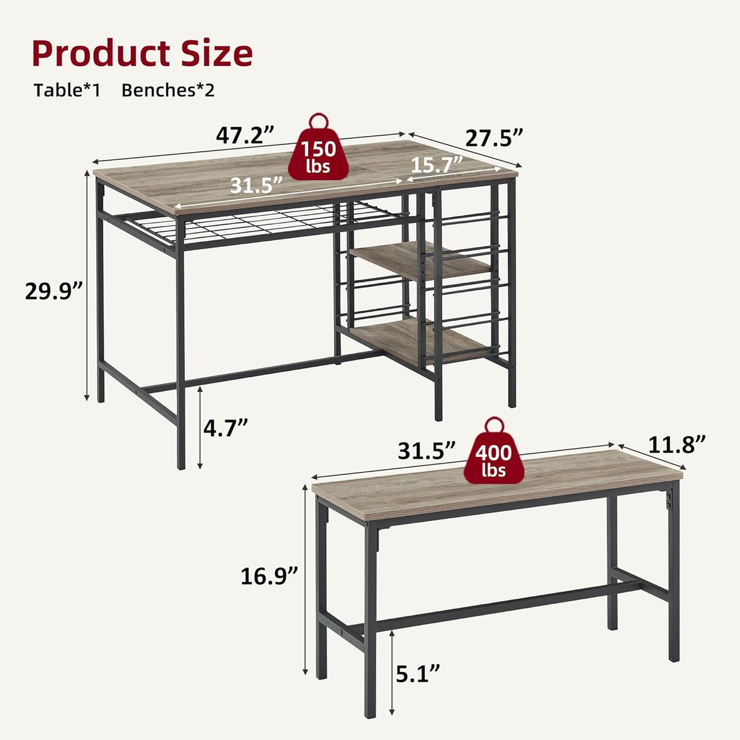 IDEALHOUSE Dining Table Set for 4, Kitchen Table Set for 4 with 2 Benches, Rectangular Dining Room Table Set with Wine Rack, 3 Piece Dining Table Set for Small Space Apartment, Grey
