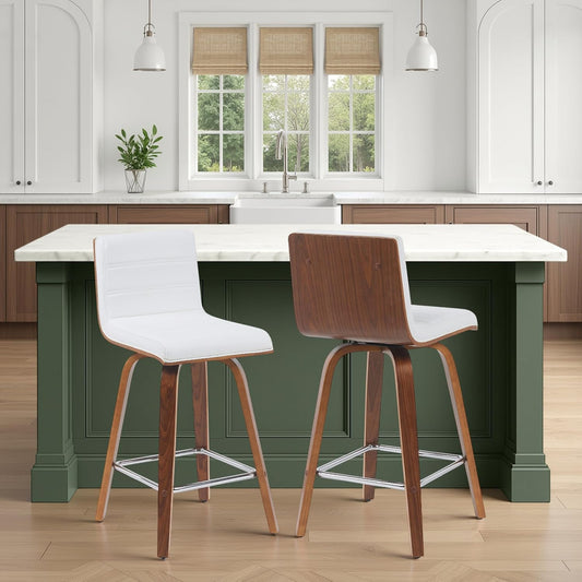 Armen Living Vienna Modern Swivel 26" Counter Height Barstool with White Faux Leather and Walnut Wood Finish
