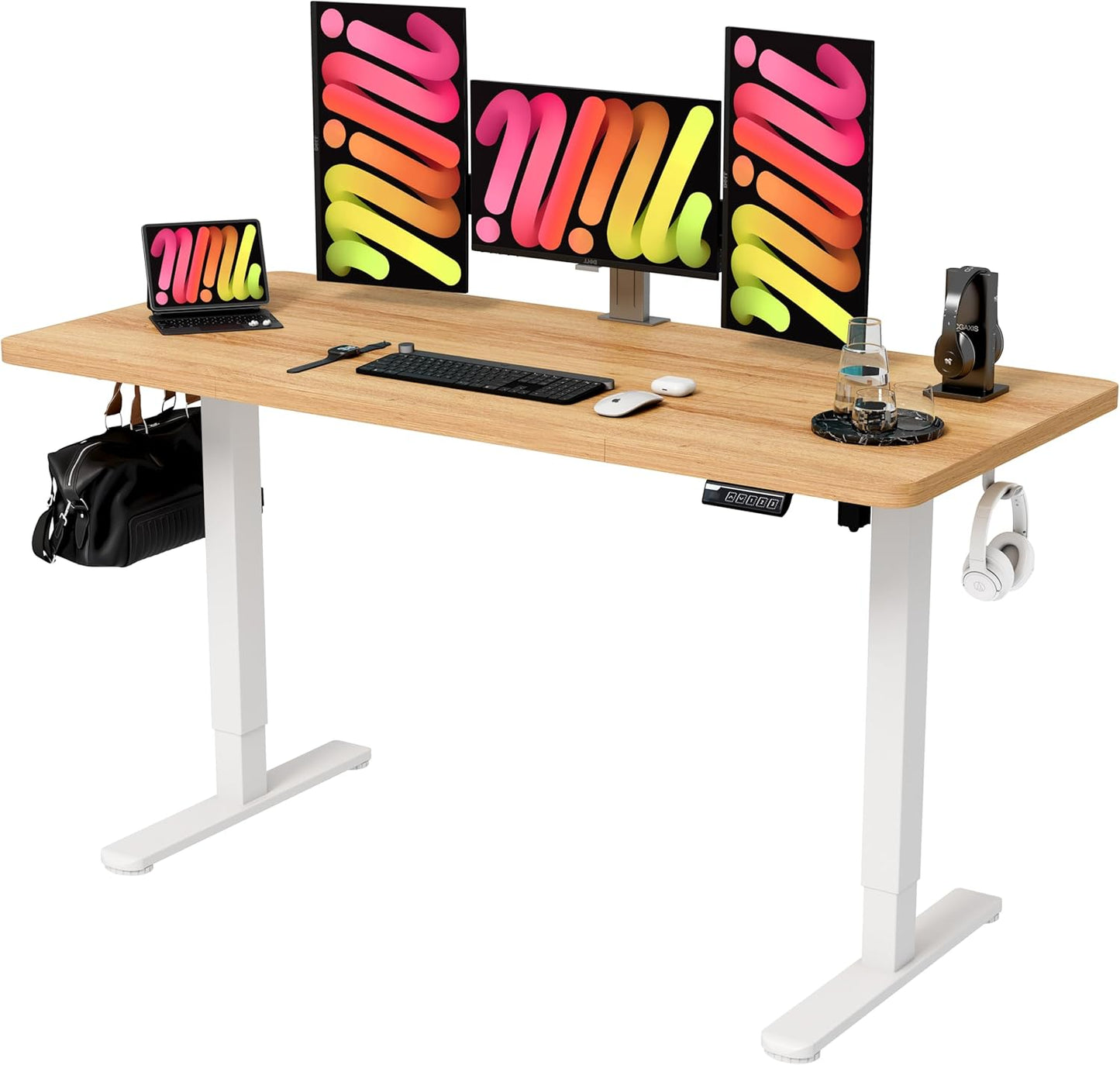 Monomi 55 Inch Large Electric Standing Desk, Height Adjustable Sit Stand Up, Work Home Office Computer PC Desks, Gaming Writing Study Bedroom Rising Table, Natural
