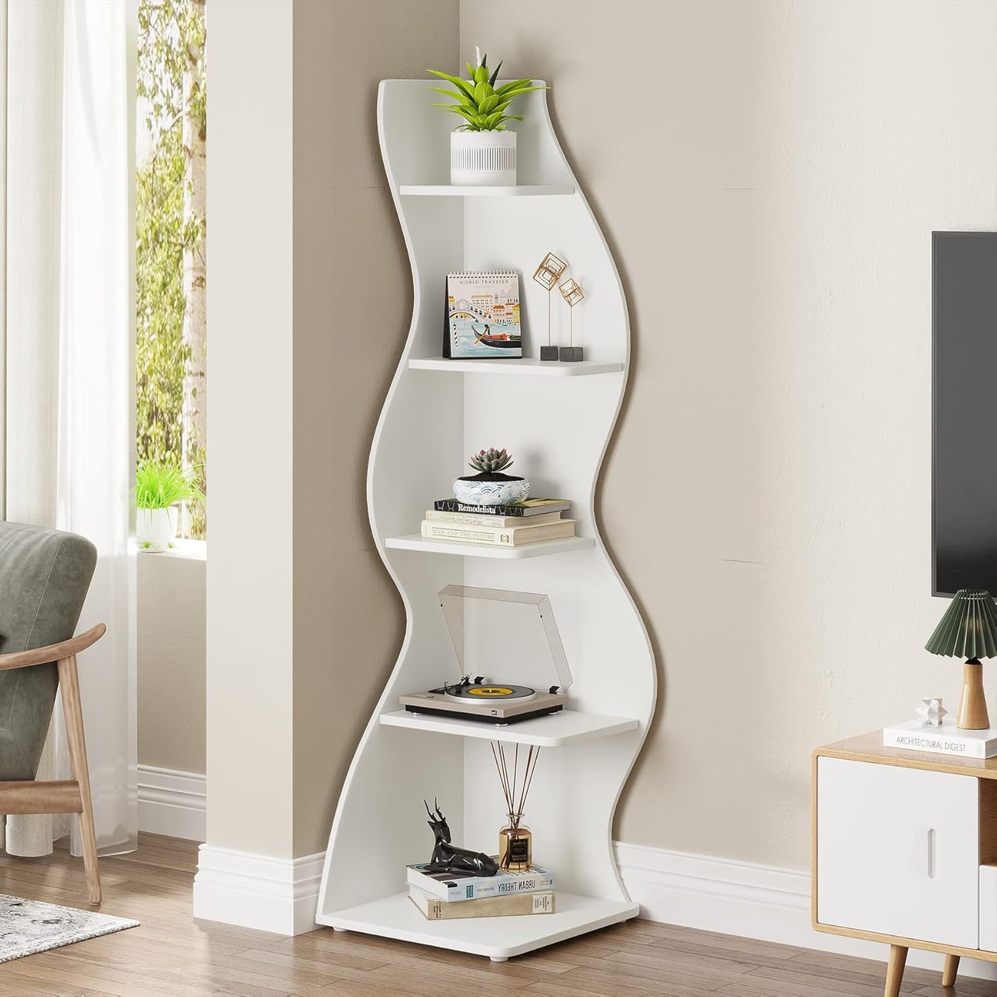 Tribesigns Corner Shelf, Modern 5-Tier Wall Corner Bookshelf, Stylish Corner Small Bookcase Storage Rack Plant Stand with Unique Shape for Living Room, Home Office (White, 1PC)