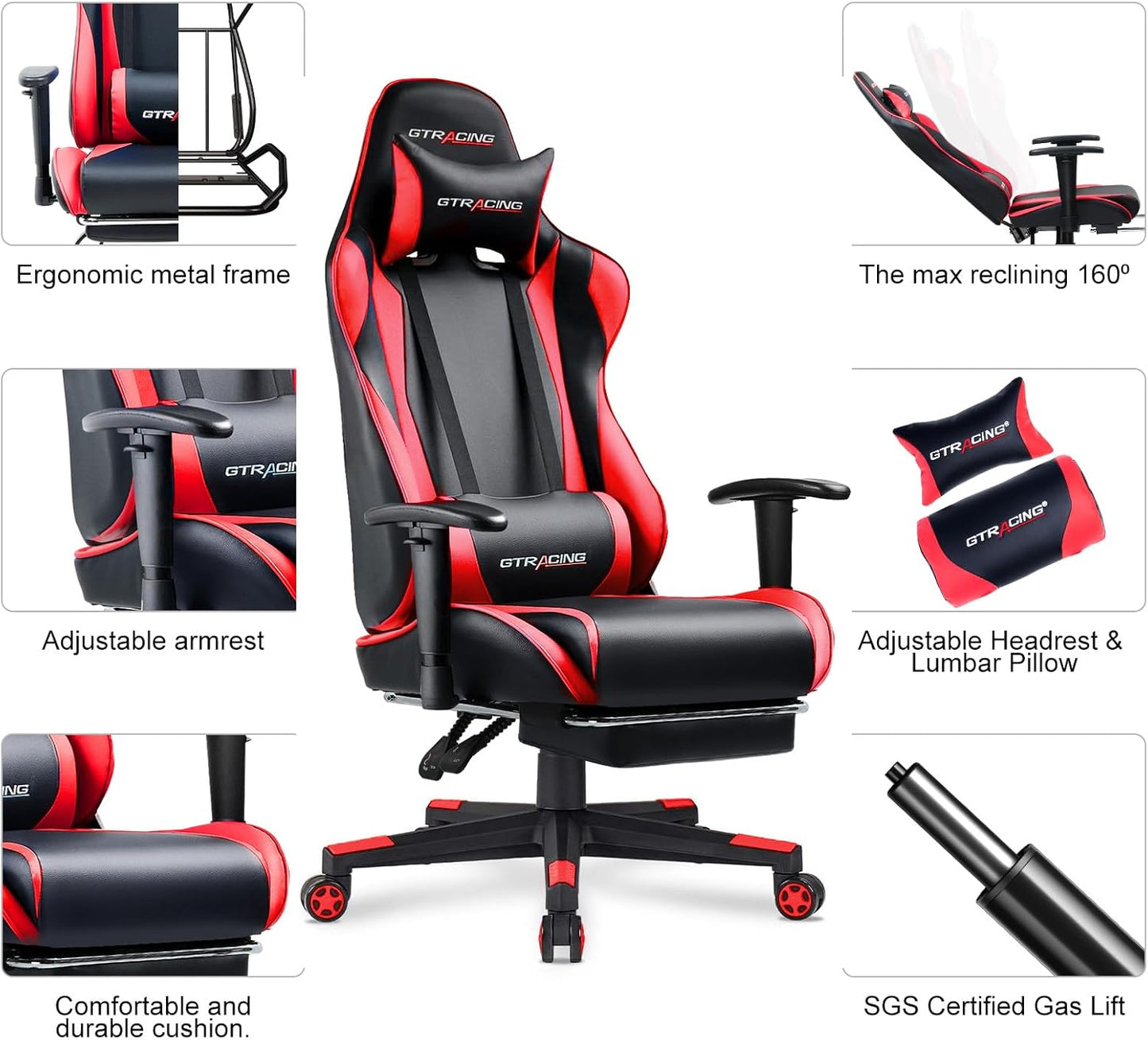 GTRACING Gaming Chair with Footrest, Ergonomic Computer Game Desk Chair, Reclining Gamer Chair Seat Height Adjustment, Swivel Rocker with Headrest and Lumbar (Brickred)