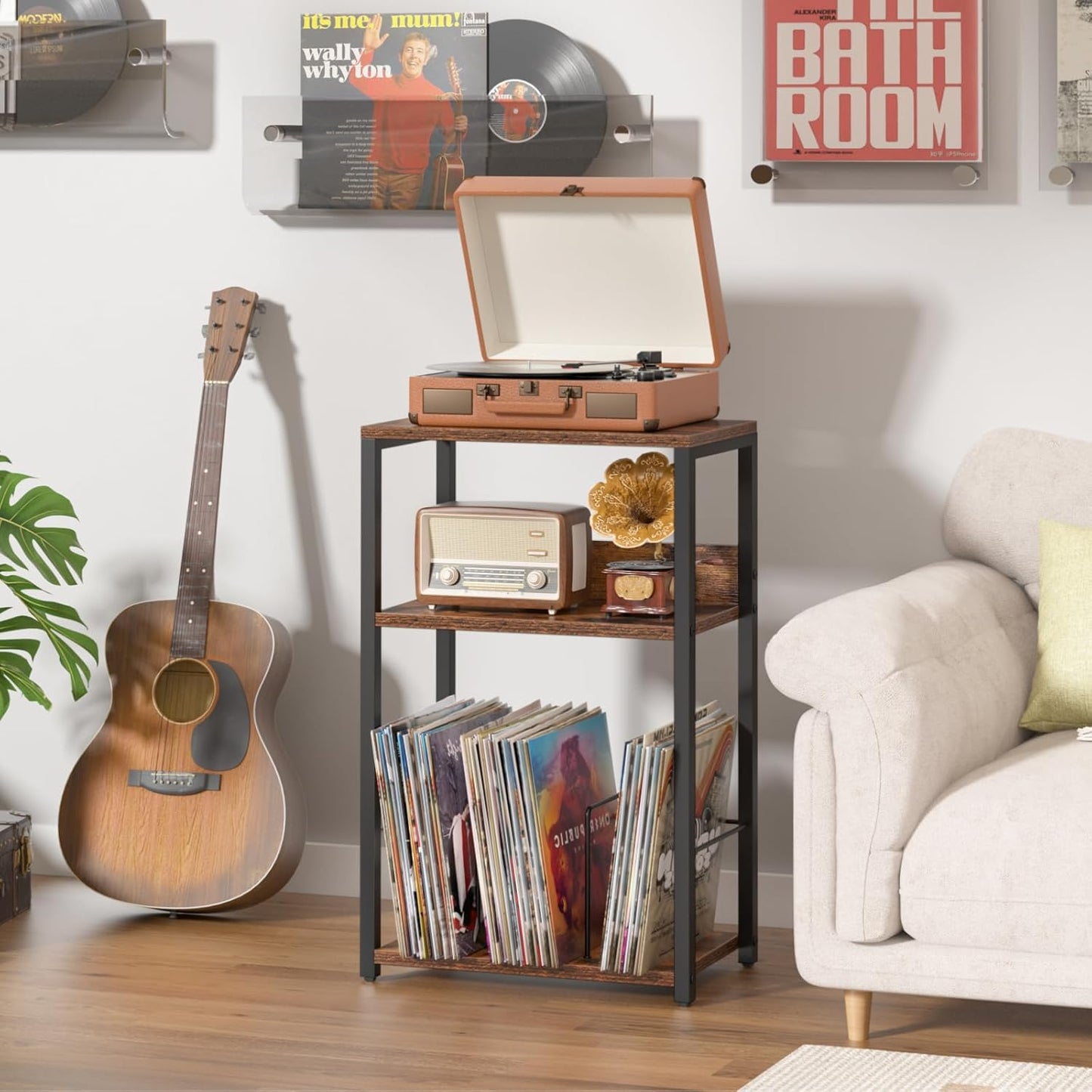 LELELINKY Record Player Stand, 3-Tier End Side Table with Vinyl Record Storage, Vinyl Record Holder Up to 120 Albums, Turntable Stand with Vinyls Storage for Music Living Room