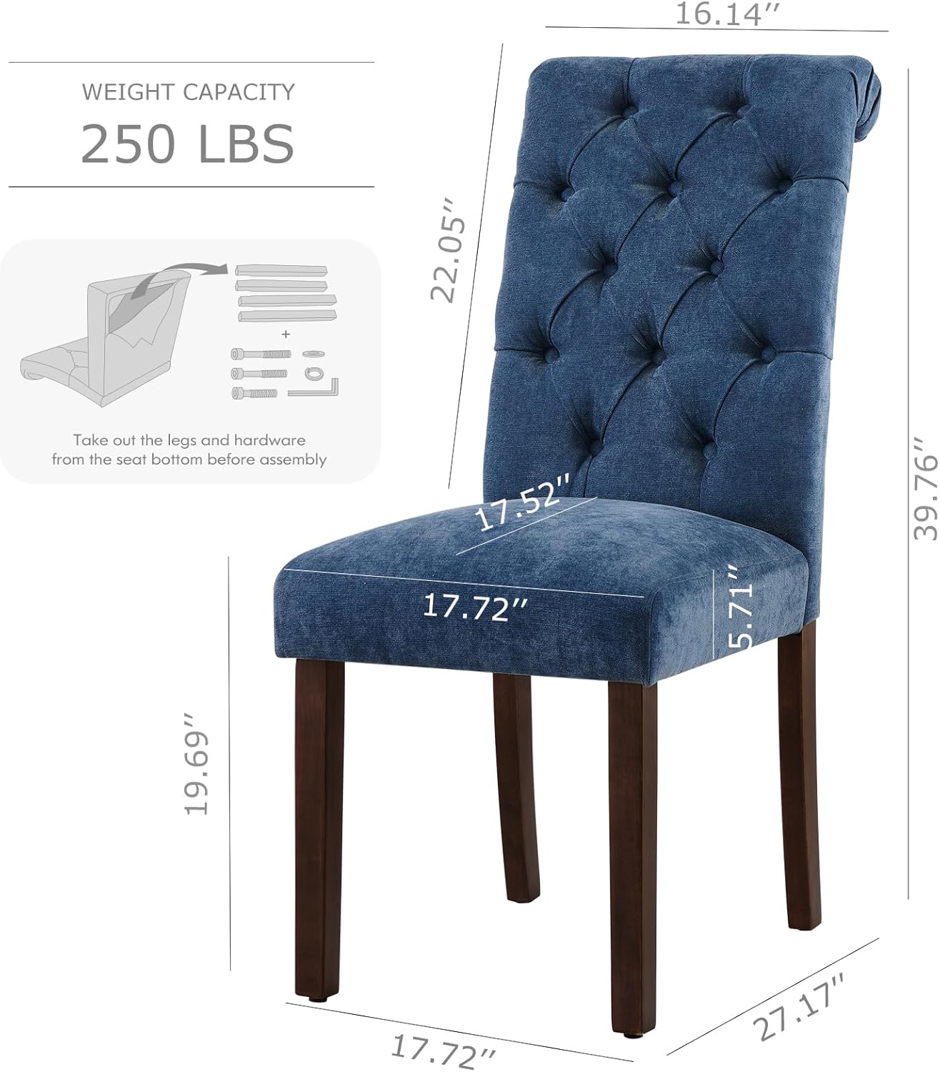 COLAMY Button Tufted Dining Chairs Set of 2, Parsons Upholstered Fabric Dining Room Chairs Kitchen Chairs with Wood Legs and Padded Seat, Blue