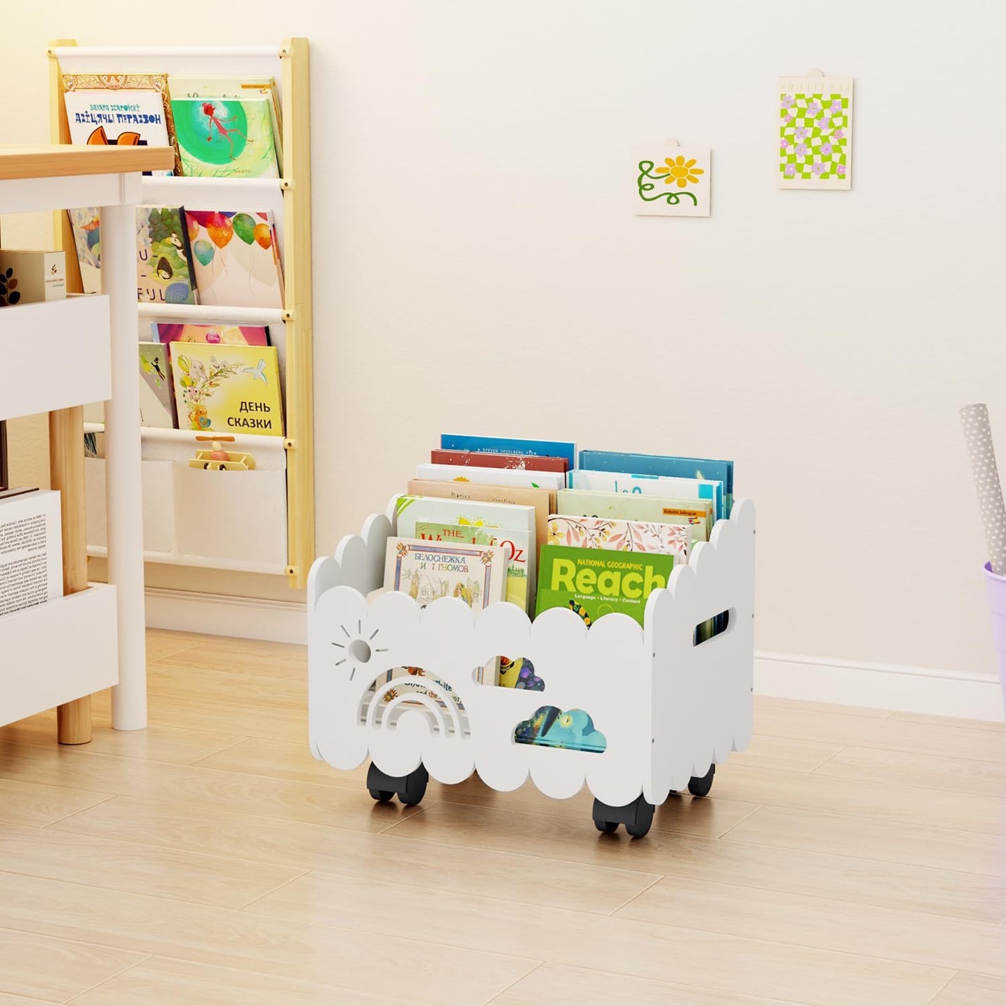 Wood Kids Bookshelf, Montessori Bookshelf, With 2 Adjustable Dividers, 4 Wheels Suitable Kids Rooms, Nursery & Classroom, Book Shelf For Kids Rooms, Toddler Book Rack, Nursery Book Shelves White