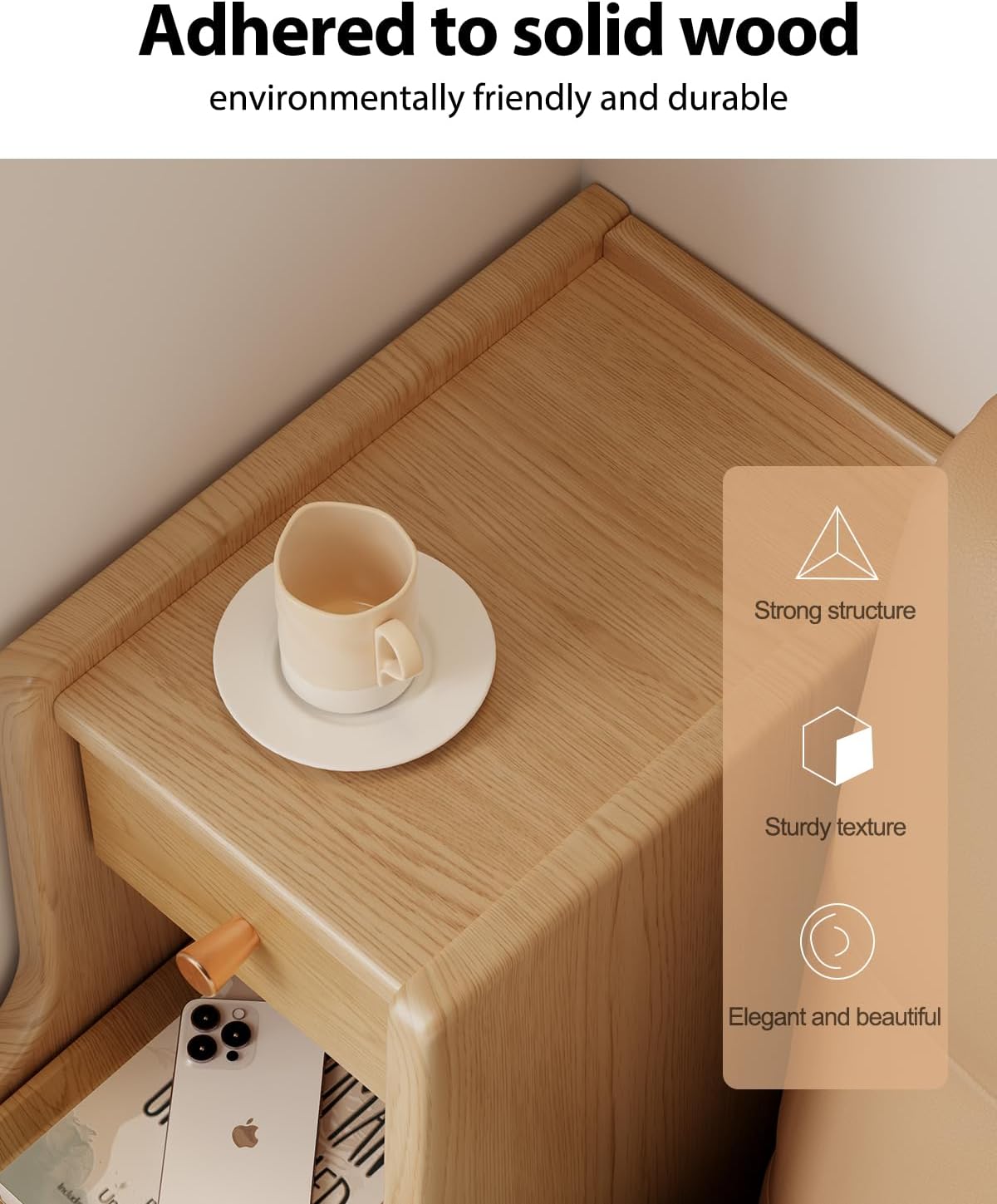 Narrow Nightstand with 3 Drawers,Solid Wood Small Nightstand Natural, Modern Small Bedside Tables for Bedroom(Fully Assembly)