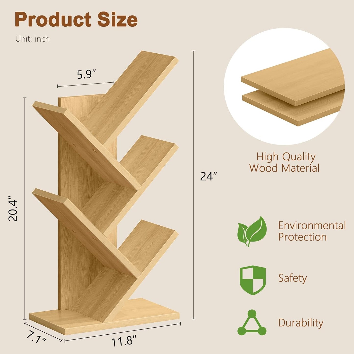 Hoctieon 4 Tier Tree Bookshelf, 4 Shelf Bookcase, Free Standing Tree Bookcase, Display Floor Standing Shelf for Books, Book Organizer Shelves for Home Office, Living Room, Bedroom, Yellow