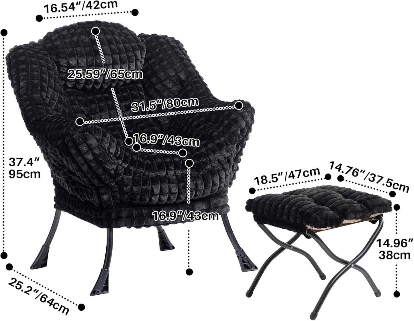 HollyHOME Fabric Lazy Chair with Foldable Ottoman, Accent Comfy Lounge Arm Chair and Folding Footrest Stool Set, Leisure Sofa Reading Chair and Footstool for Living Room, Bedroom, Dorm, Faux-Fur Black