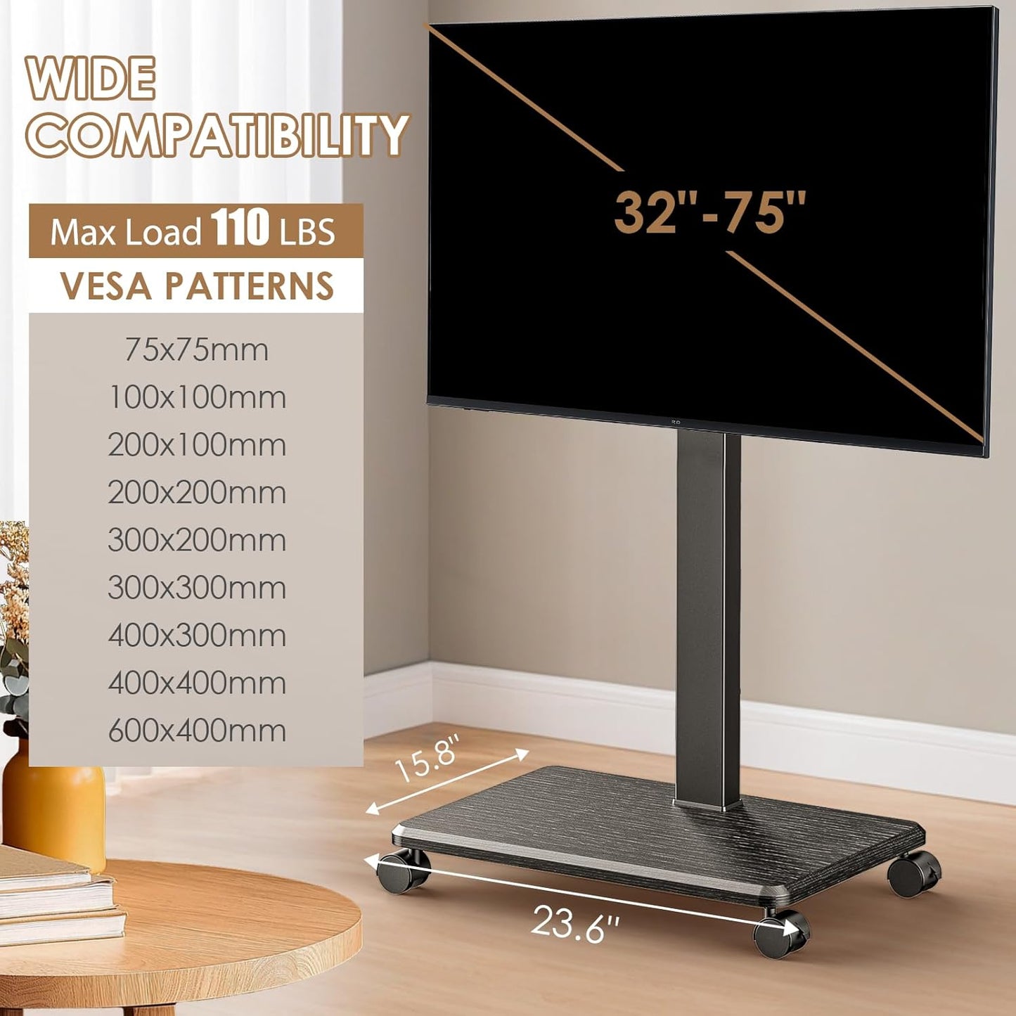 Rolling TV Stand Portrait for 65 70 75 Inch TVs, Tilt and Swivel Mobile TV Cart on Wheels up to 110 Lbs, 6 Height Adjustable PortableTV Stand, Max VESA 600x400mm